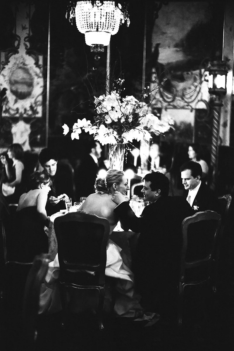 Bride and groom at dinner at The Ruins in Seattle, WA