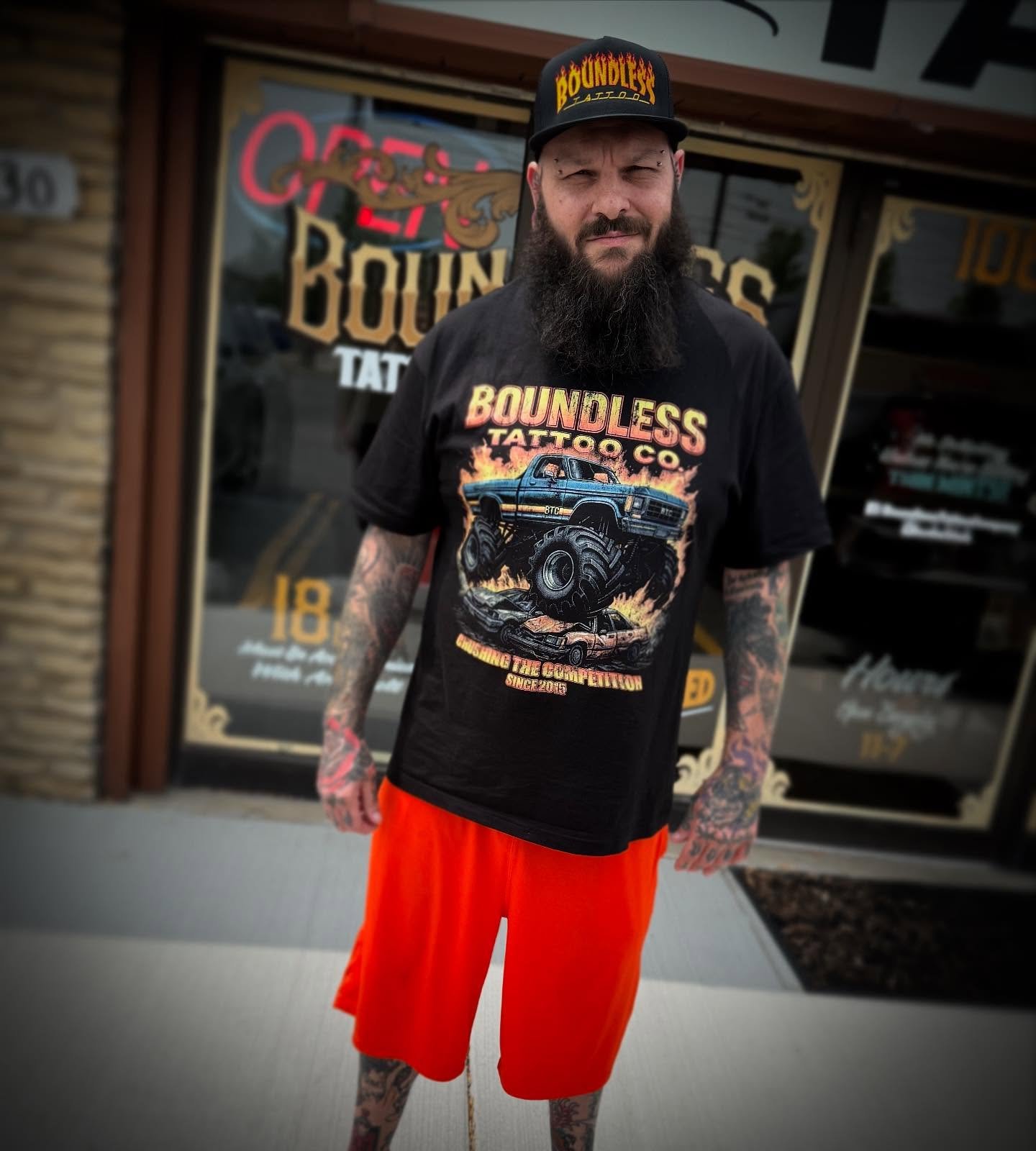 @aaron_cody_piercing rocking one of our new monster truck tees! We also got these in long sleeve with some SICK sleeve tribal pattern! These are available right now in house and a very small batch some come grab yours NOW before they’re gone!
