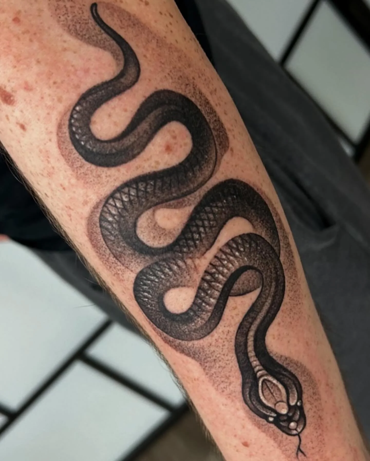 Freehand snake done by Alvin! He’s got a lot of his own flash designs he’s looking to do! Stop on in the studio and book with him!