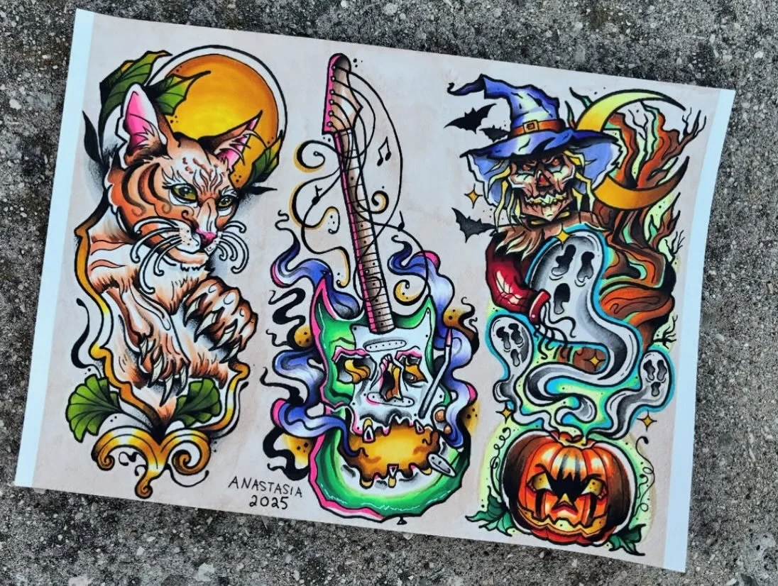 Check out these new designs done by Anastasia! She’s looking to tattoo any of these designs in black and grey or color so contact her directly to grab one!