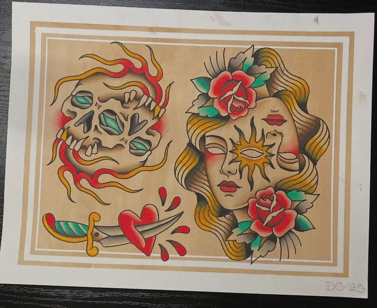Hand painted flash sheet by Dan! He’s looking to tattoo any of these designs!
