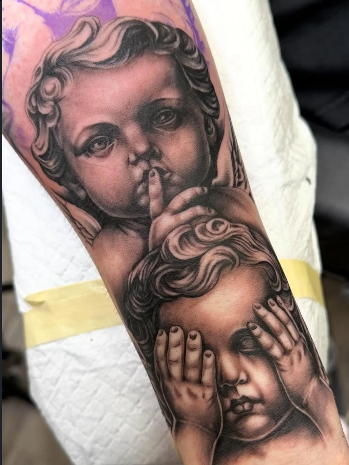 Super smooth baby cherubs done by Amy! She has walk-in availability today, your idea or hers! Come on in!