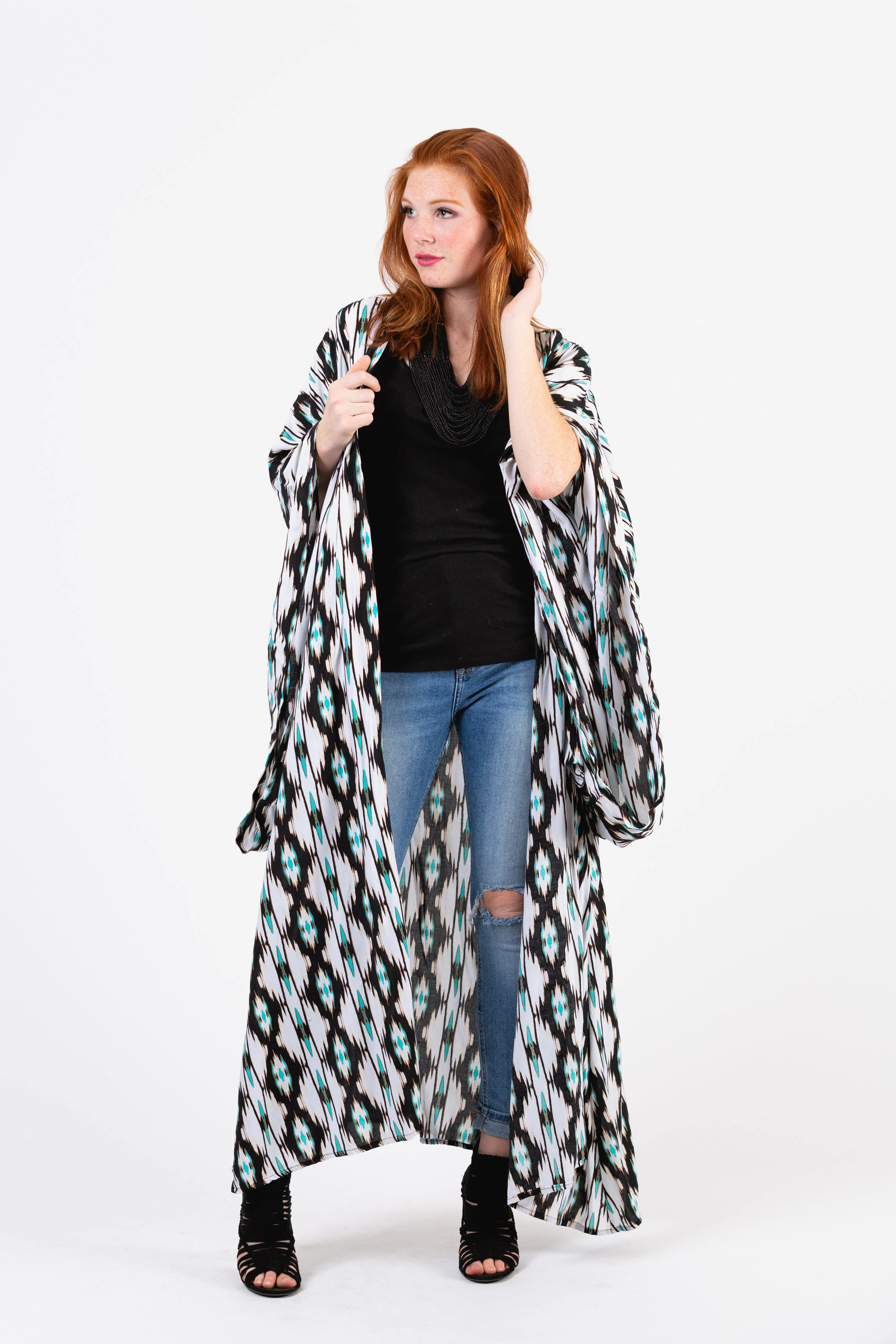 Southwest Turquoise Print jennafergrace handmade Kimono with Pockets madeinusa