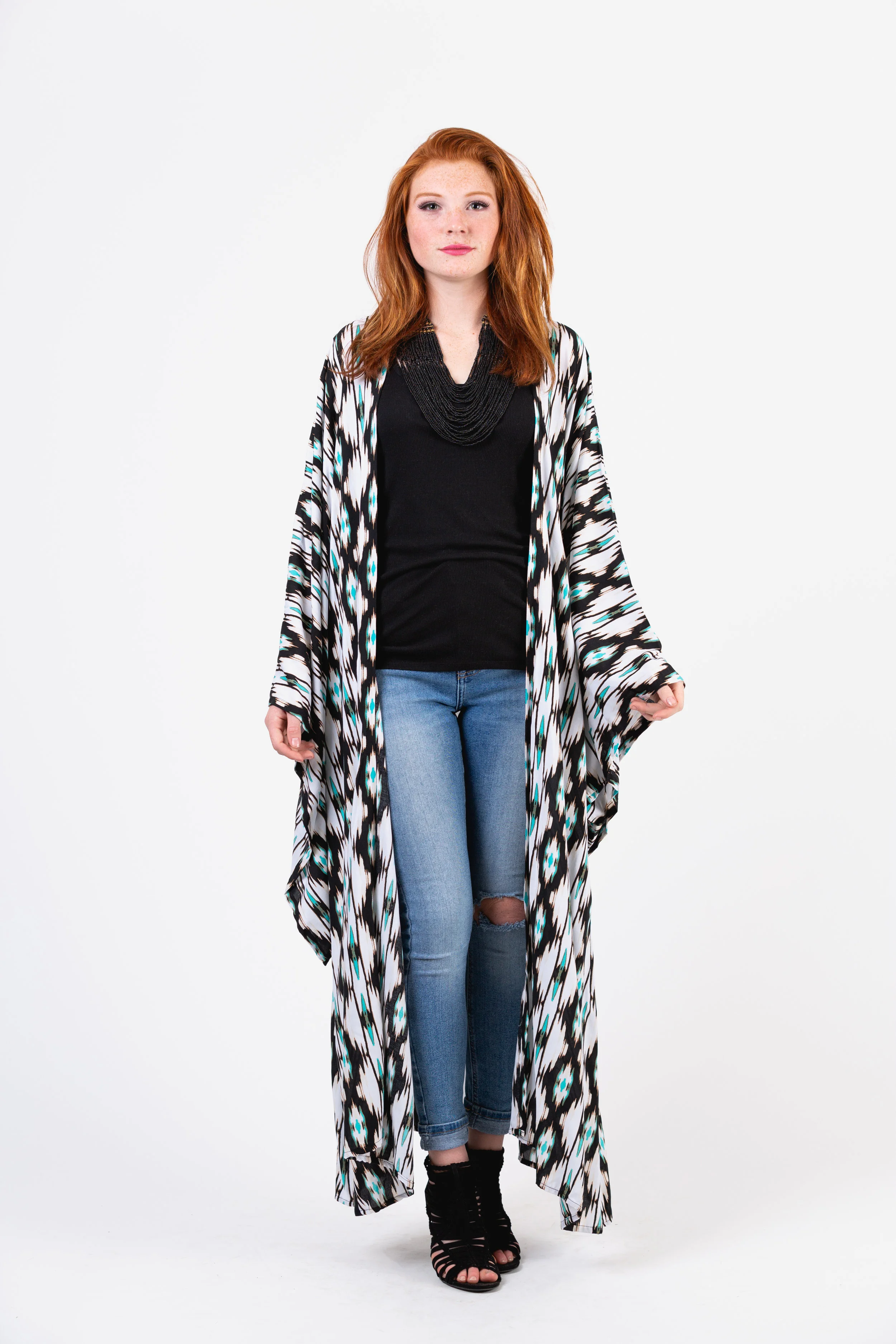 Southwest Turquoise Print jennafergrace handmade Kimono with Pockets madeinusa