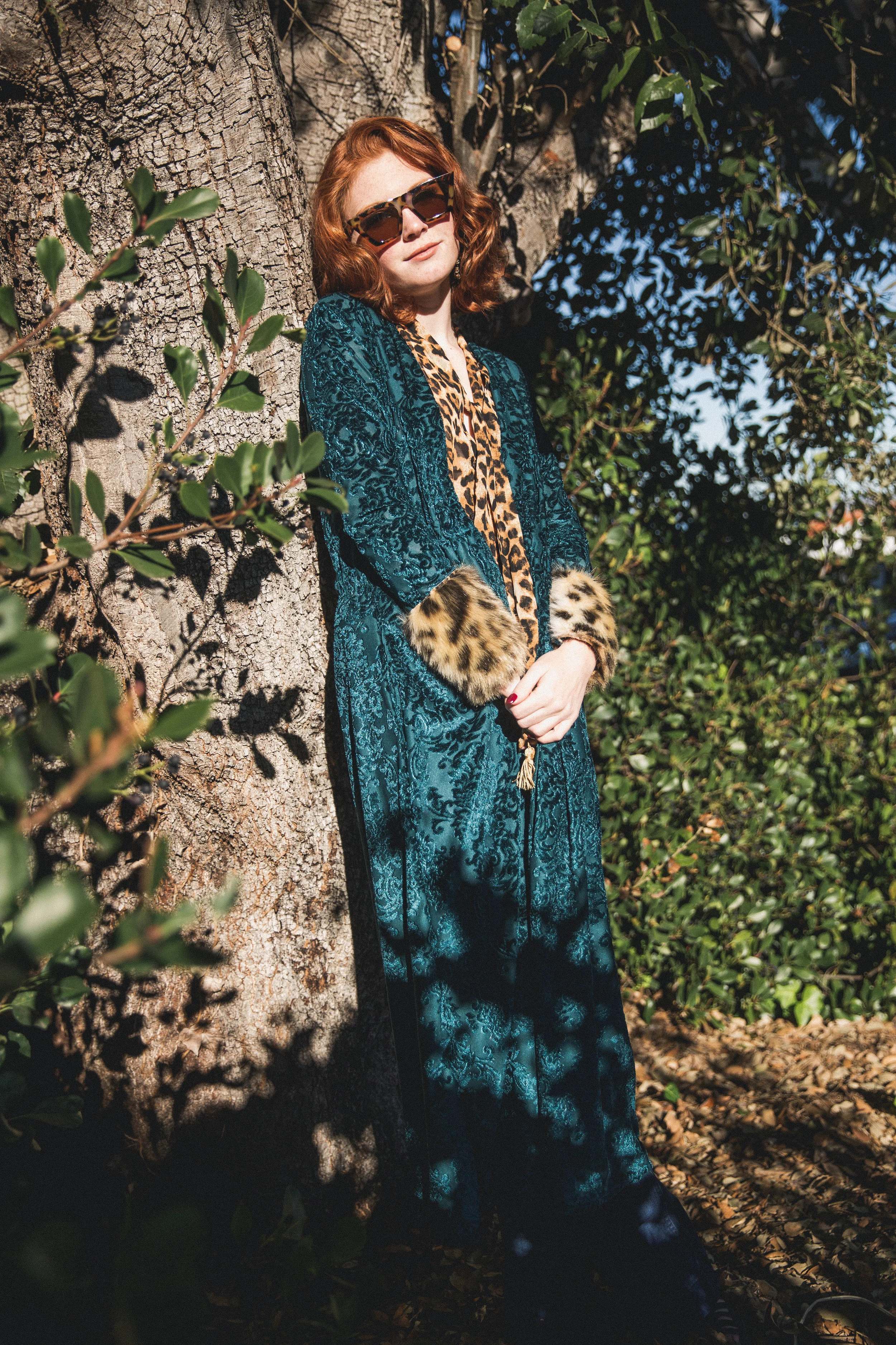 Hunter green velvet leopard fur cuff duster tassel jennafergrace handmade pockets madeinusa