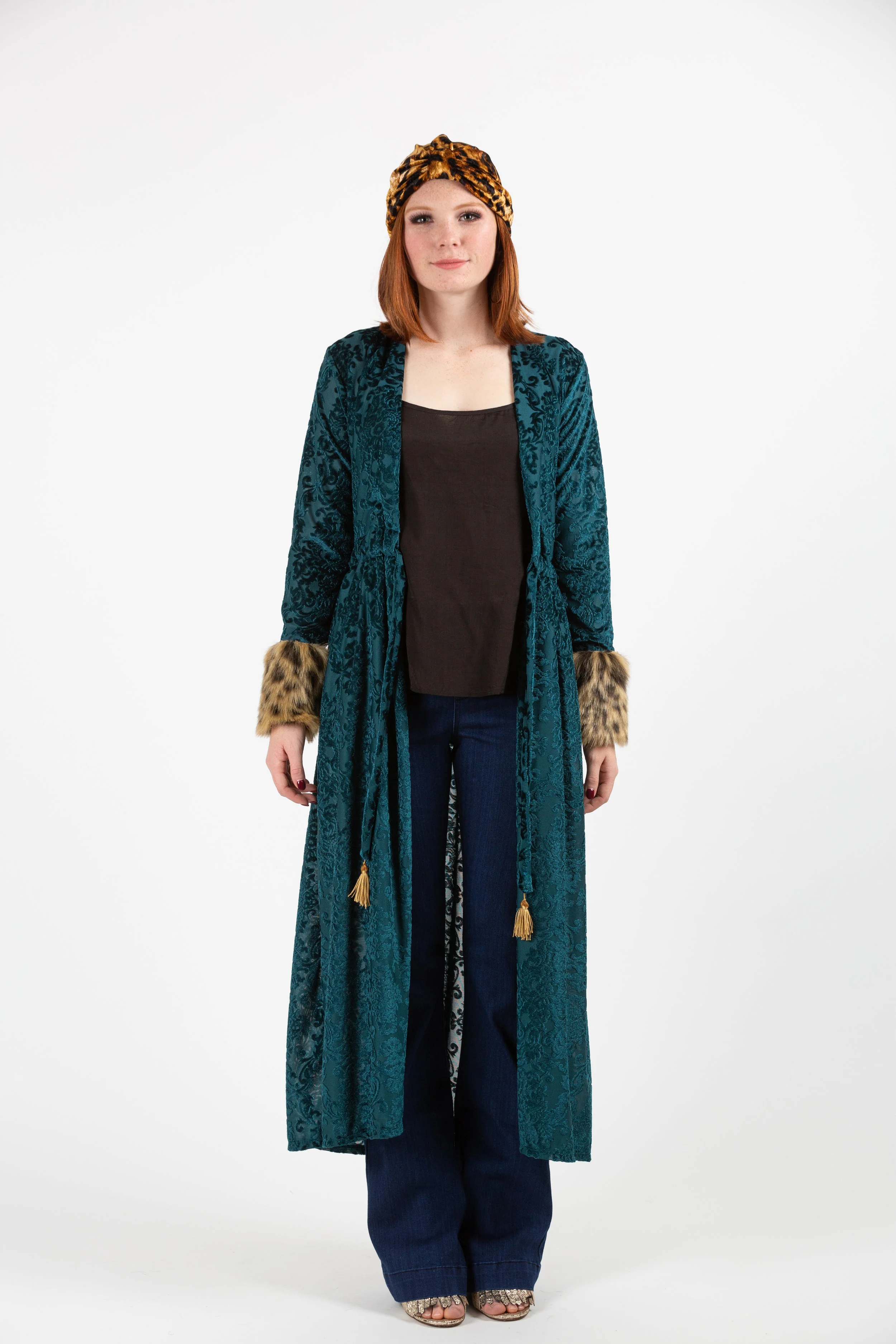 Hunter green velvet leopard fur cuff duster tassel jennafergrace handmade pockets madeinusa