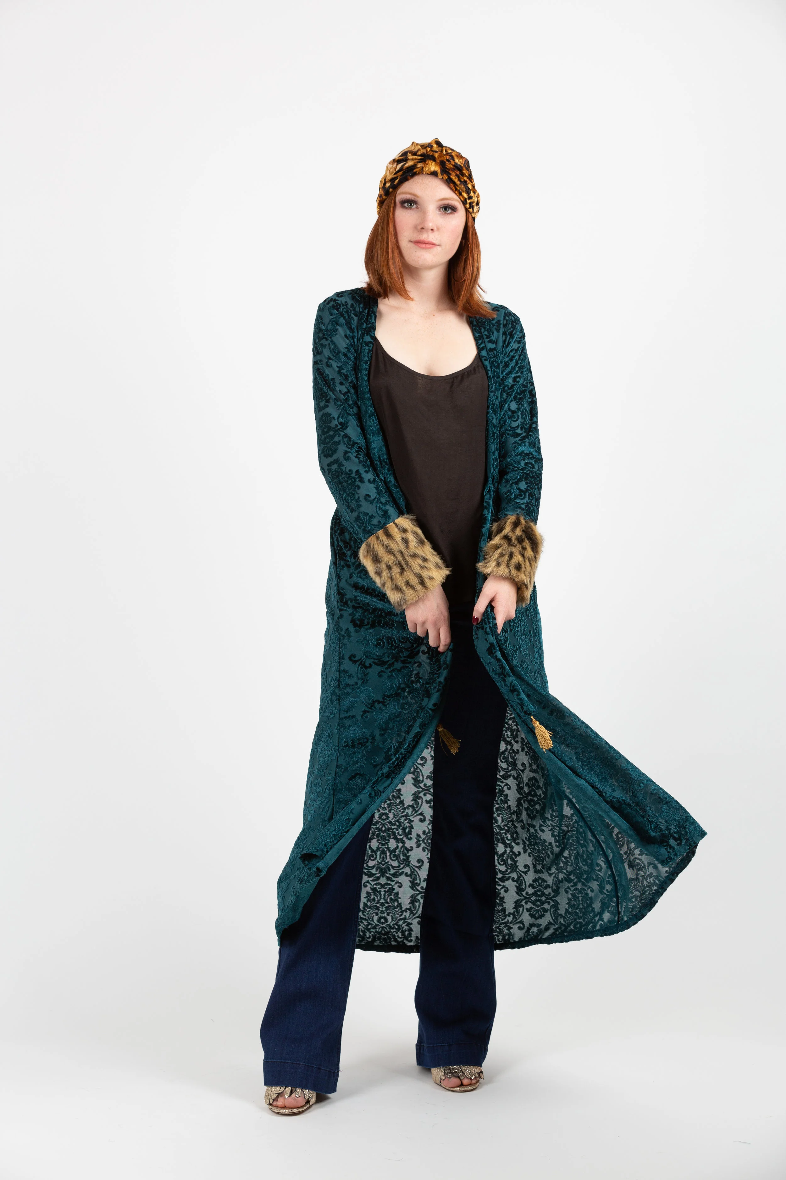 Hunter green velvet leopard fur cuff duster tassel jennafergrace handmade pockets madeinusa