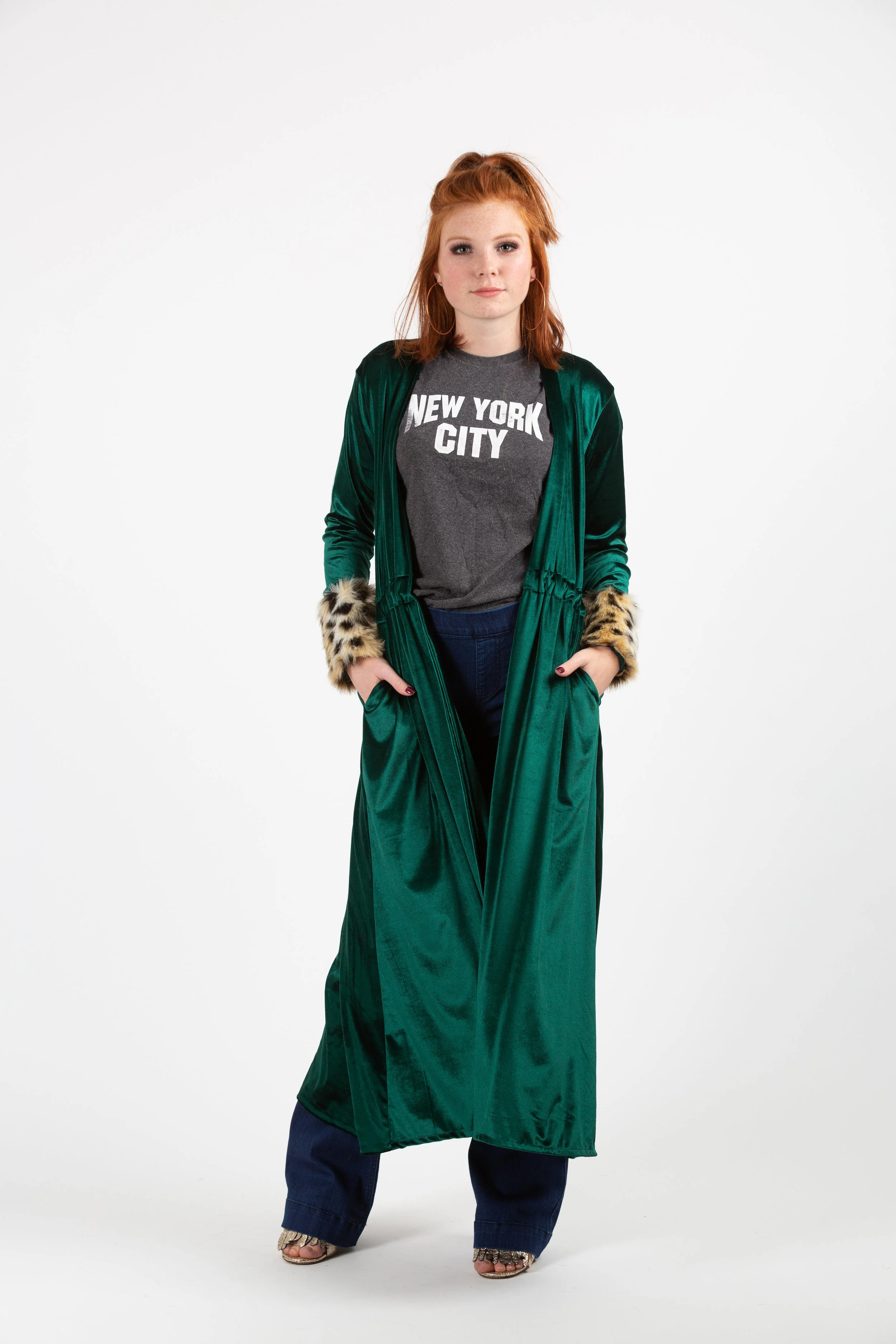Emerald velvet leopard fur cuff duster tassel jennafergrace handmade pockets madeinusa
