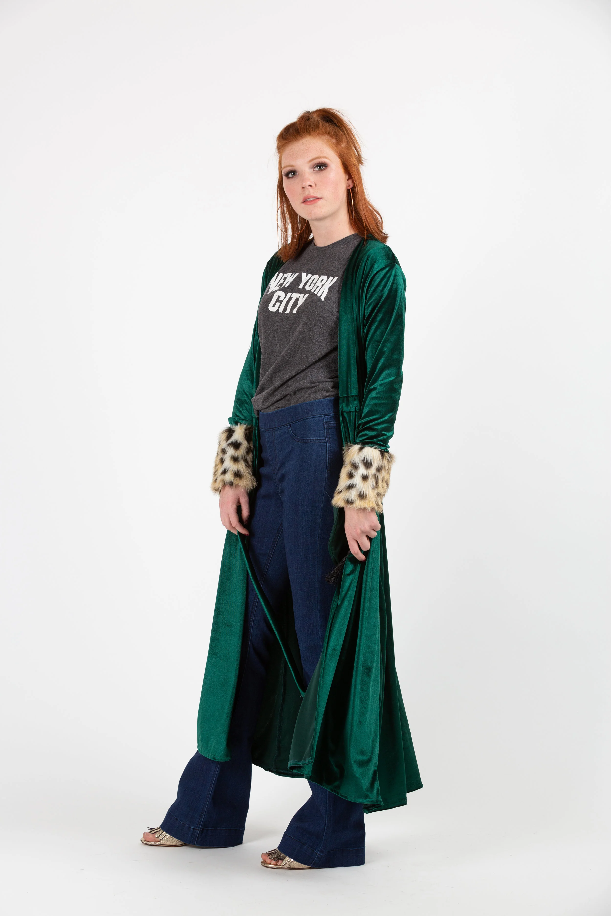 Emerald velvet leopard fur cuff duster tassel jennafergrace handmade pockets madeinusa