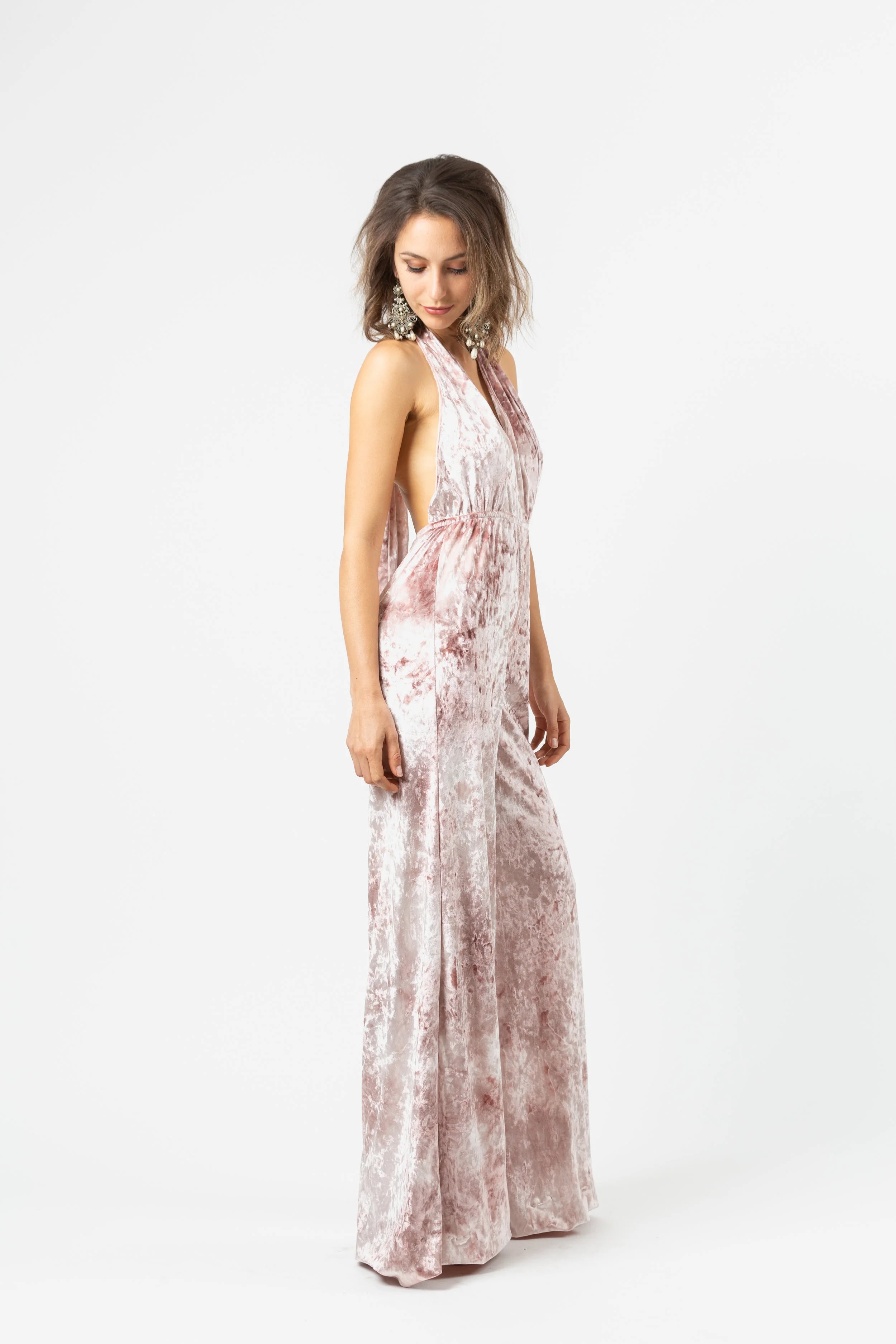 Blush tiedye velvet halter jumpsuit palazzo pant jennafergrace handmade california