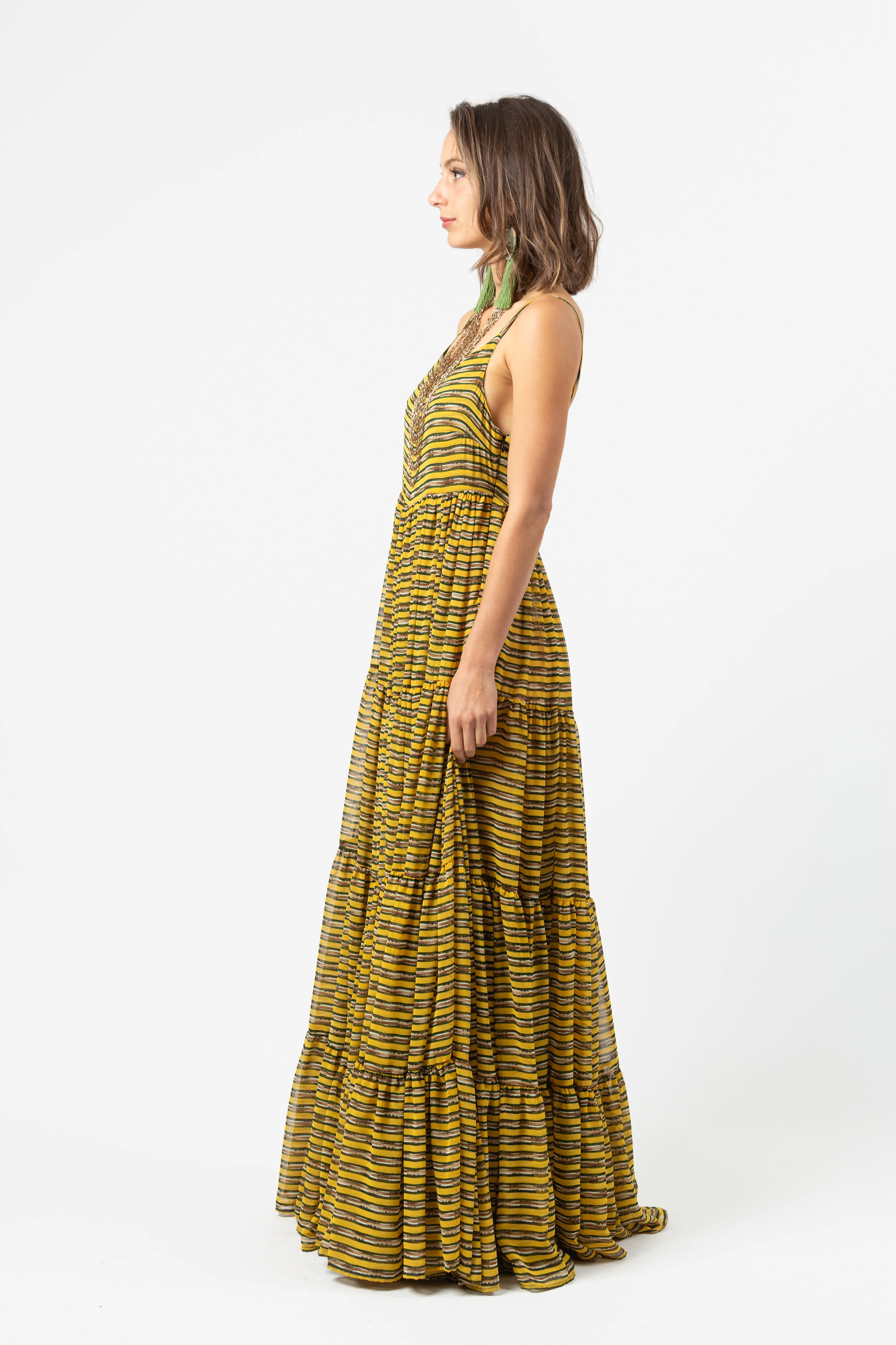yellow,green,stripe,,ruffle,tier,market,dress.maxidress,boho,jennafergrace,handmade,california,madeinusa