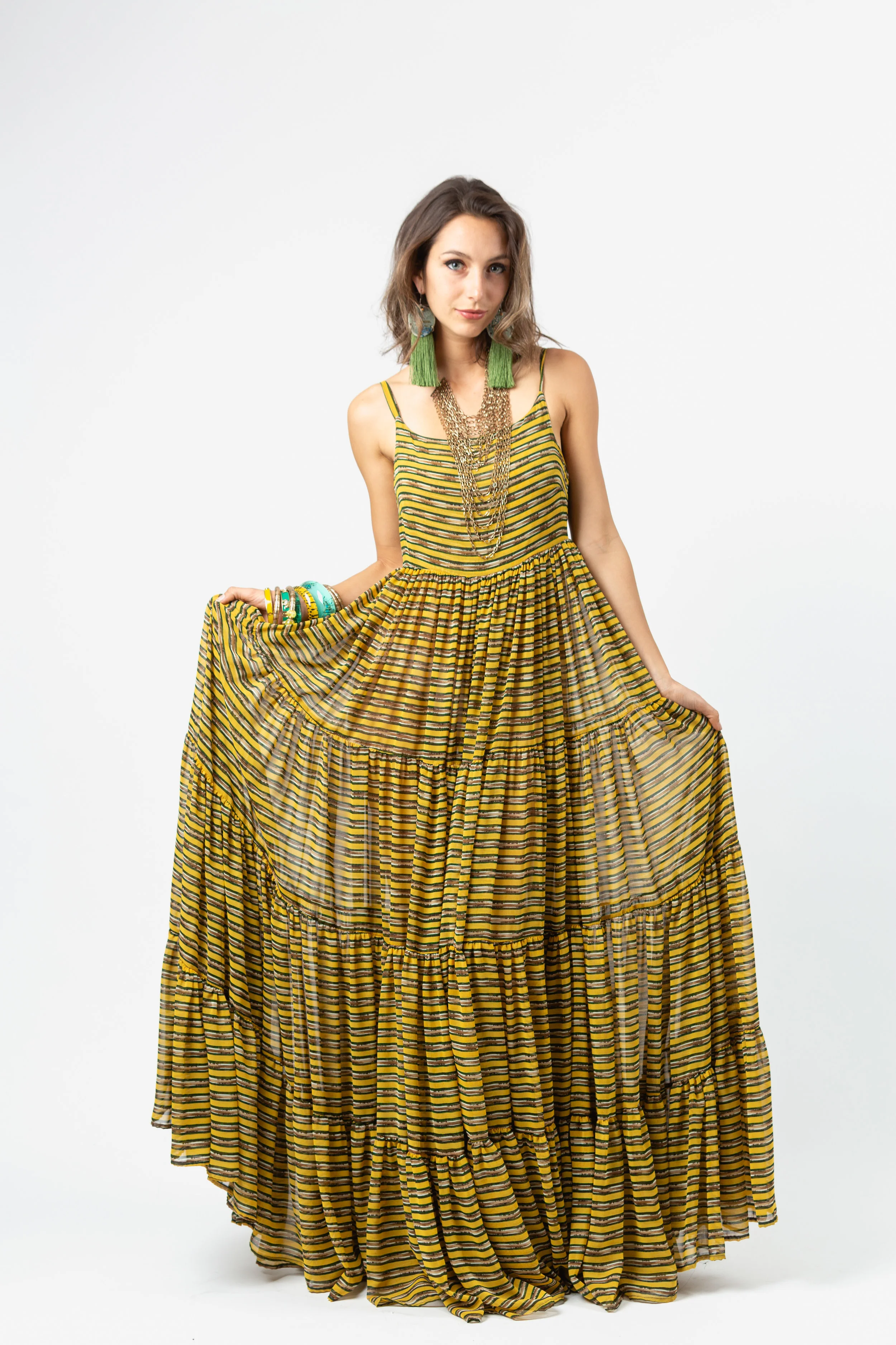 yellow,green,stripe,,ruffle,tier,market,dress.maxidress,boho,jennafergrace,handmade,california,madeinusa