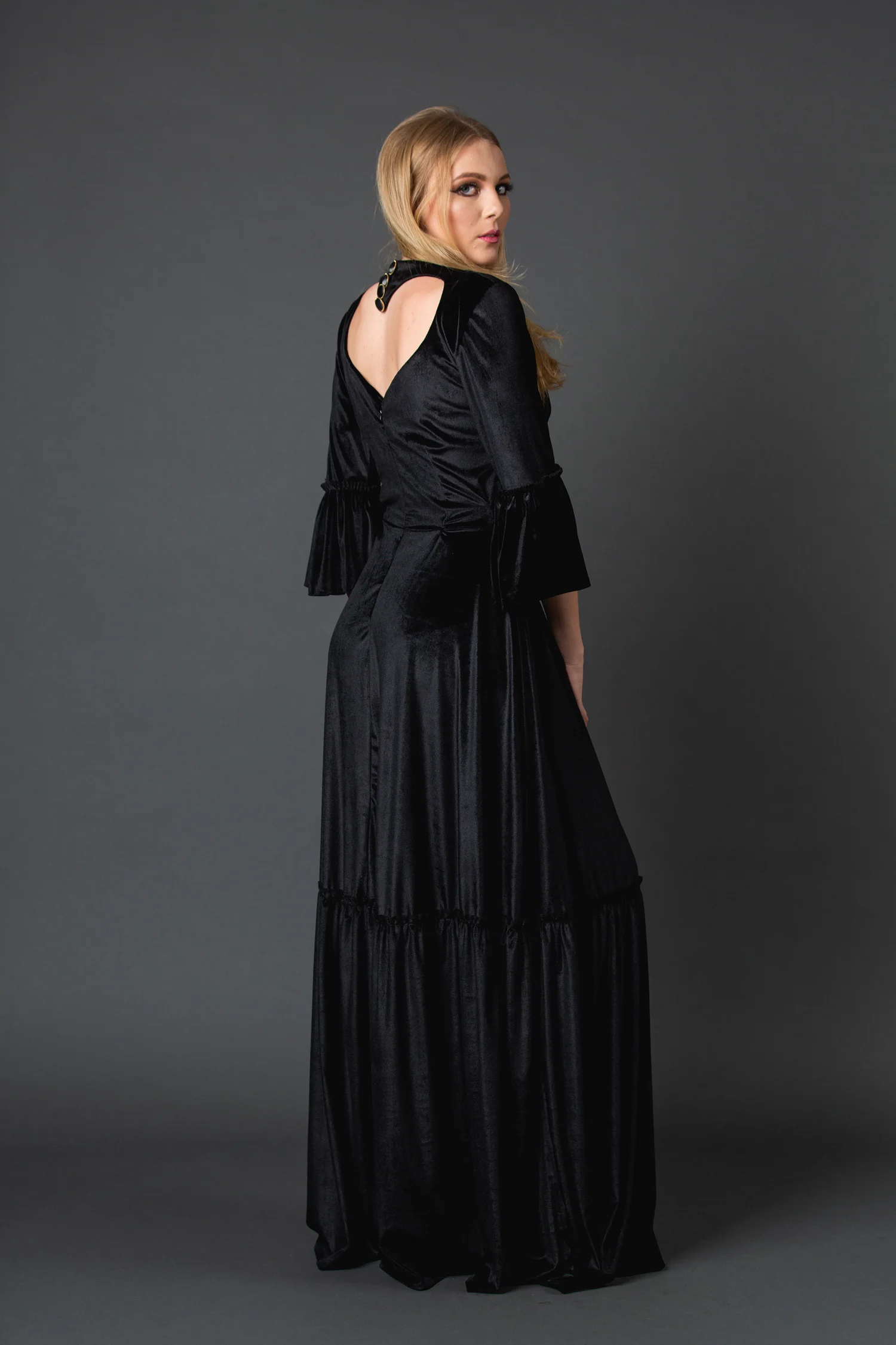 Black velvet sweetheart maxi bellsleeve dress jennafergrace handmade madeinusa