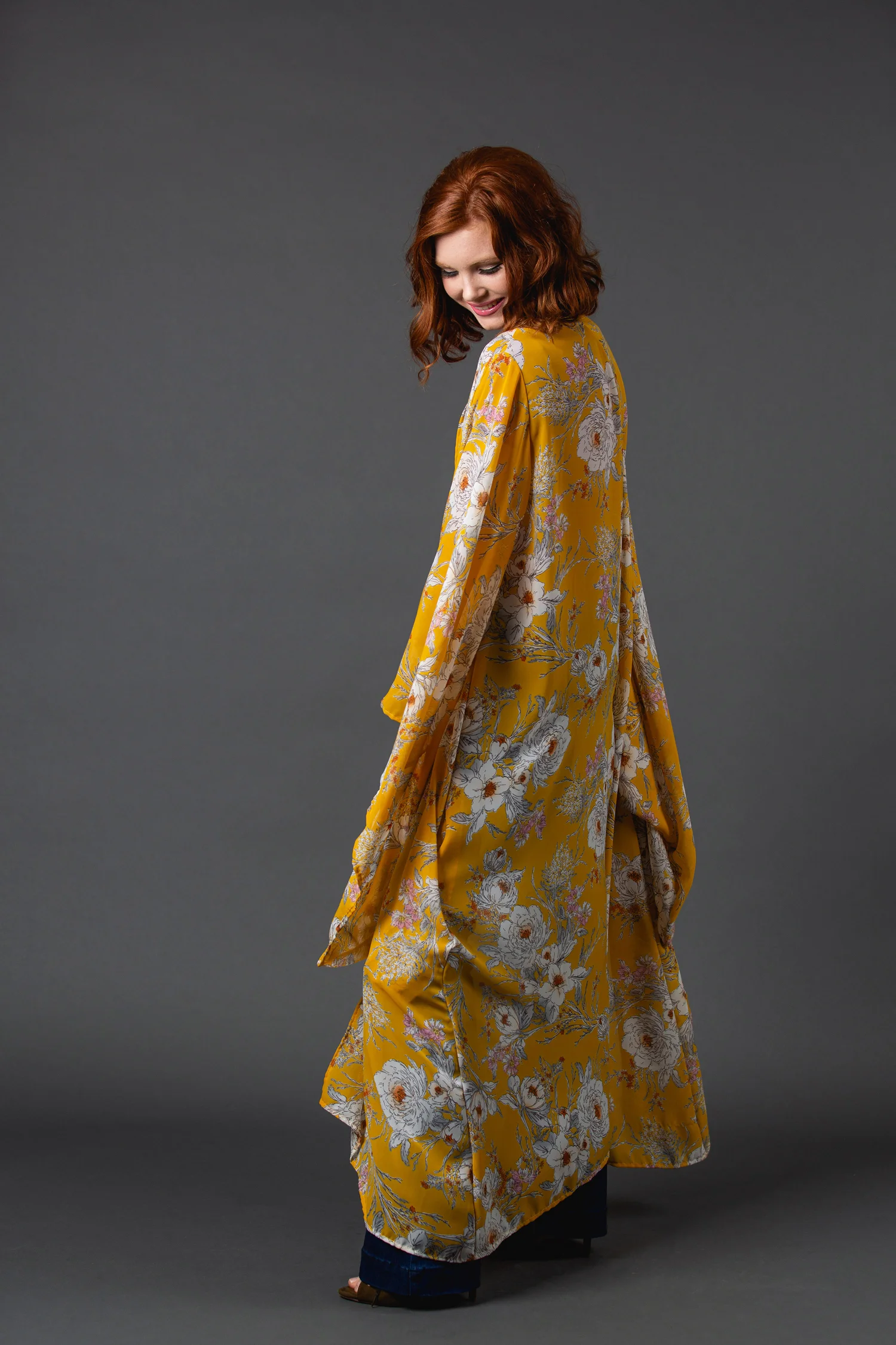 Buttercup yellow floral kimono wrapdress pockets jennafergrace handmade madeinusa california clothing label machinewashable