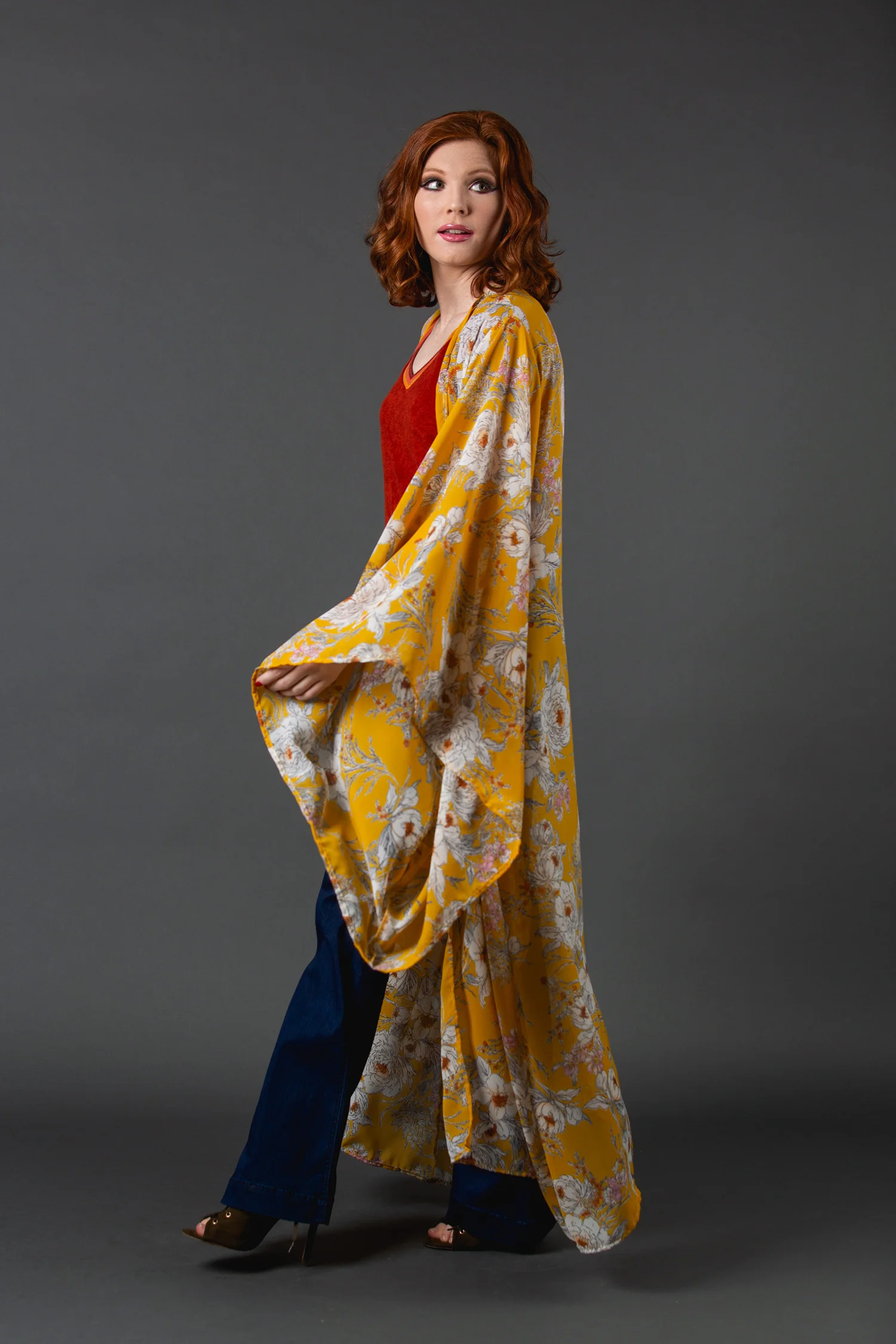 Buttercup yellow floral kimono wrapdress pockets jennafergrace handmade madeinusa california clothing label machinewashable