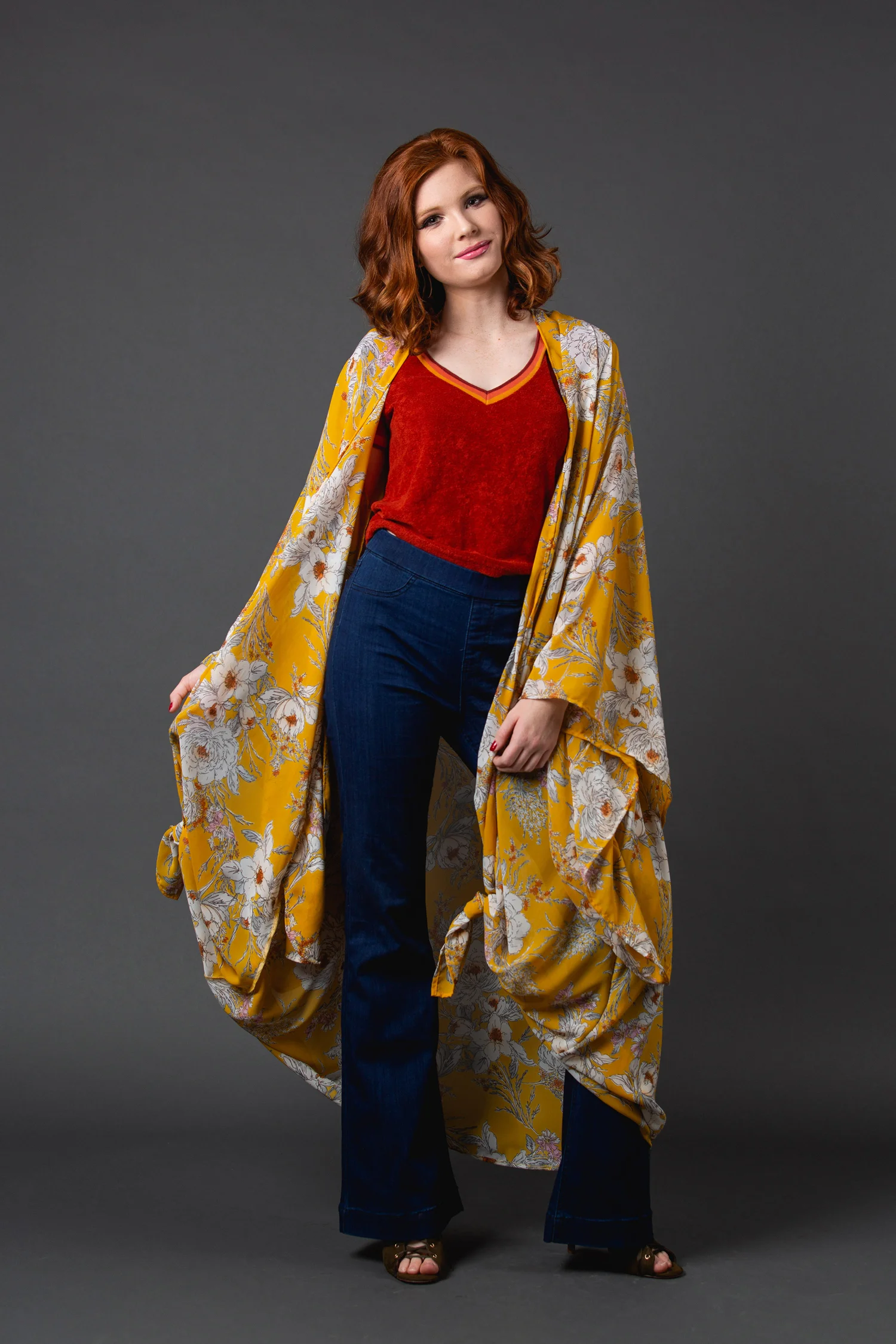 Buttercup yellow floral kimono wrapdress pockets jennafergrace handmade madeinusa california clothing label machinewashable