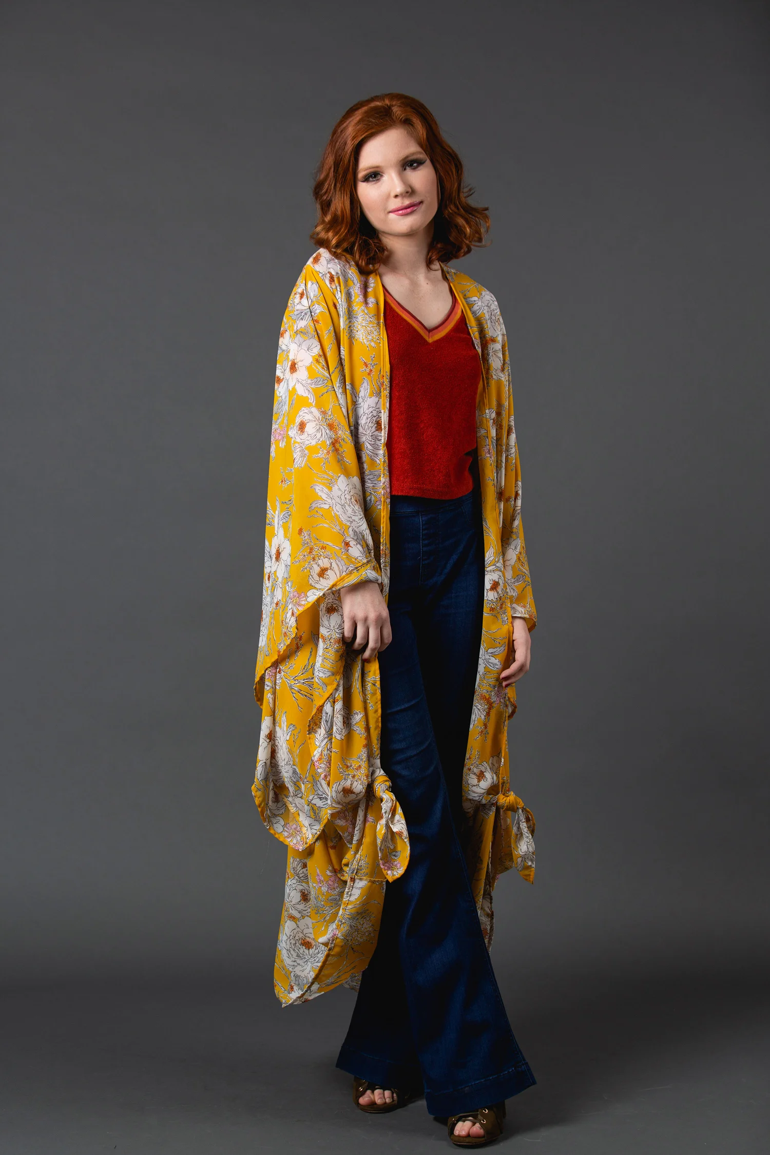 Buttercup yellow floral kimono wrapdress pockets jennafergrace handmade madeinusa california clothing label machinewashable