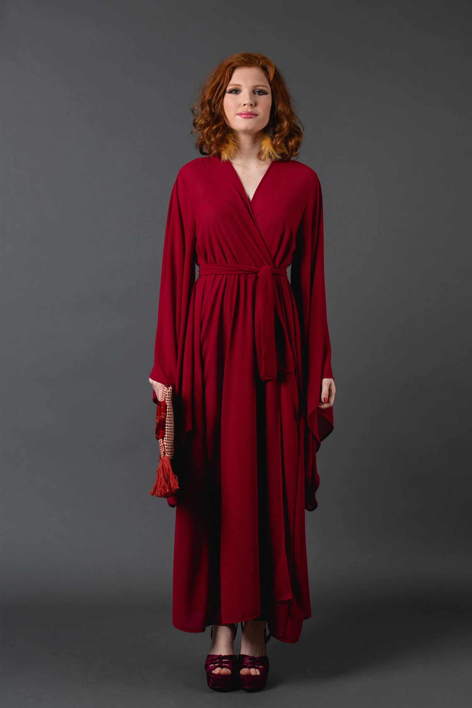 Crimson red kimono wrapdress pockets jennafergrace handmade madeinusa california clothing label machinewashable