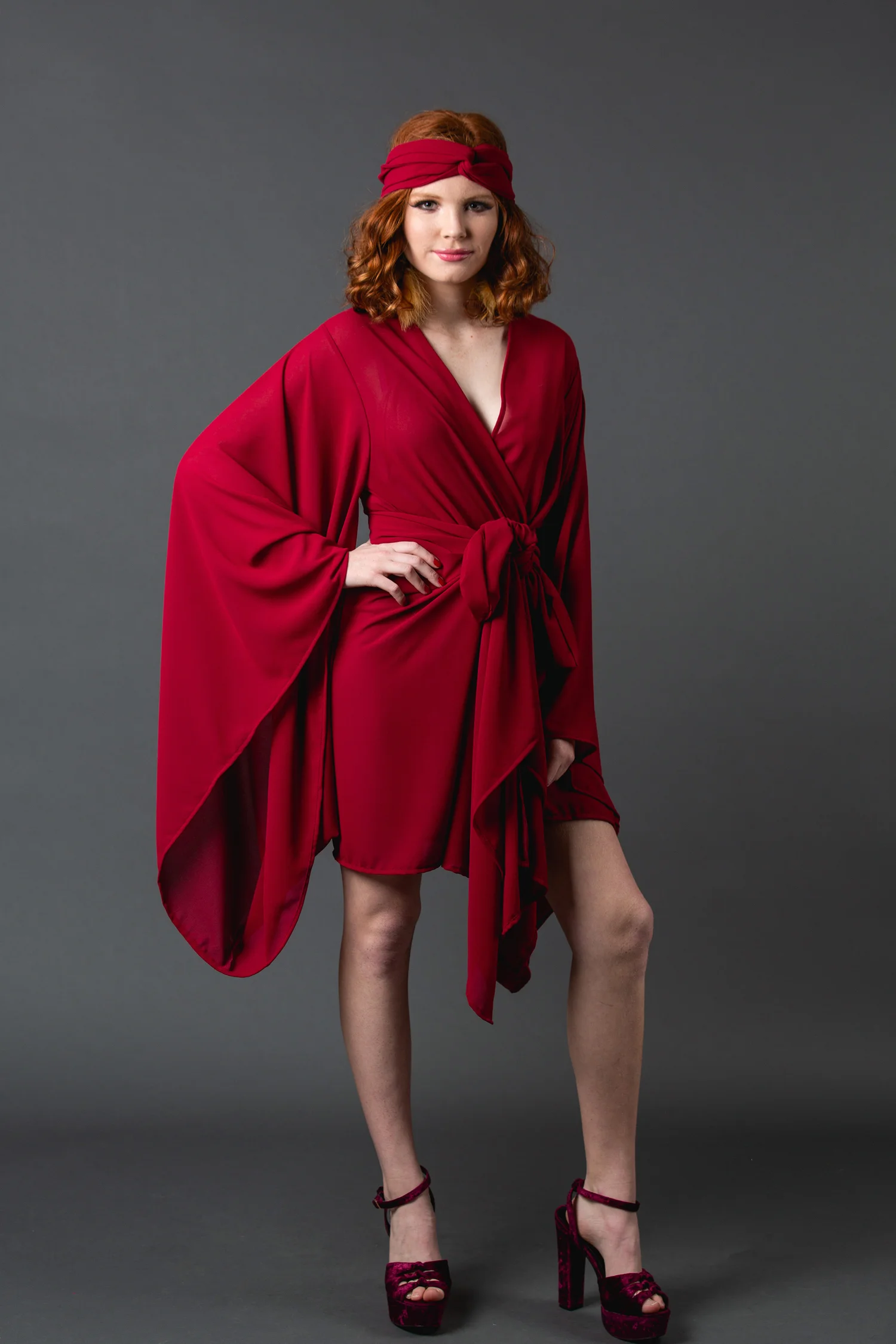 Crimson red kimono wrapdress pockets jennafergrace handmade madeinusa california clothing label machinewashableGuadalajara Orange Turquoise stripe kimono wrapdress pockets jennafergrace handmade