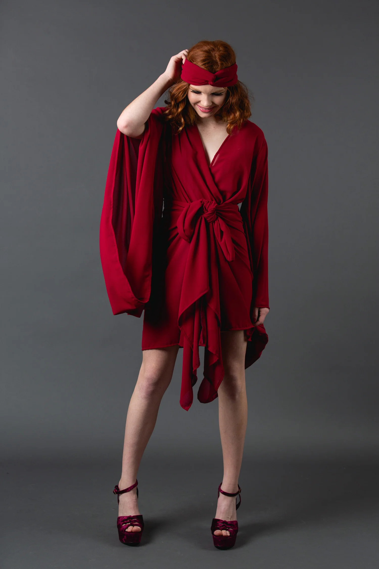 Crimson red kimono wrapdress pockets jennafergrace handmade madeinusa california clothing label machinewashableGuadalajara Orange Turquoise stripe kimono wrapdress pockets jennafergrace handmade