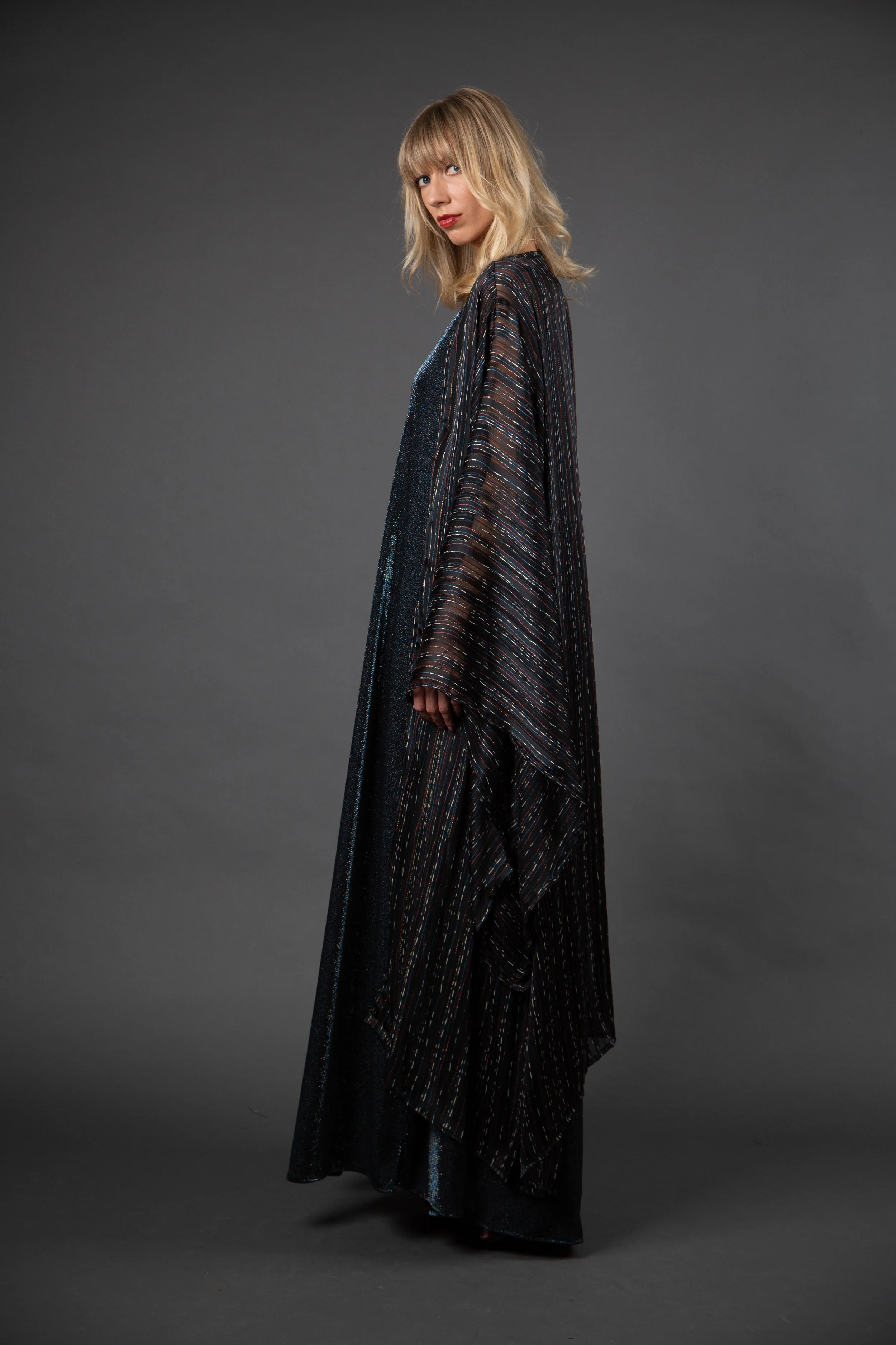 Lunar black navy metallic print kimono wrapdress pockets jennafergrace handmade madeinusa