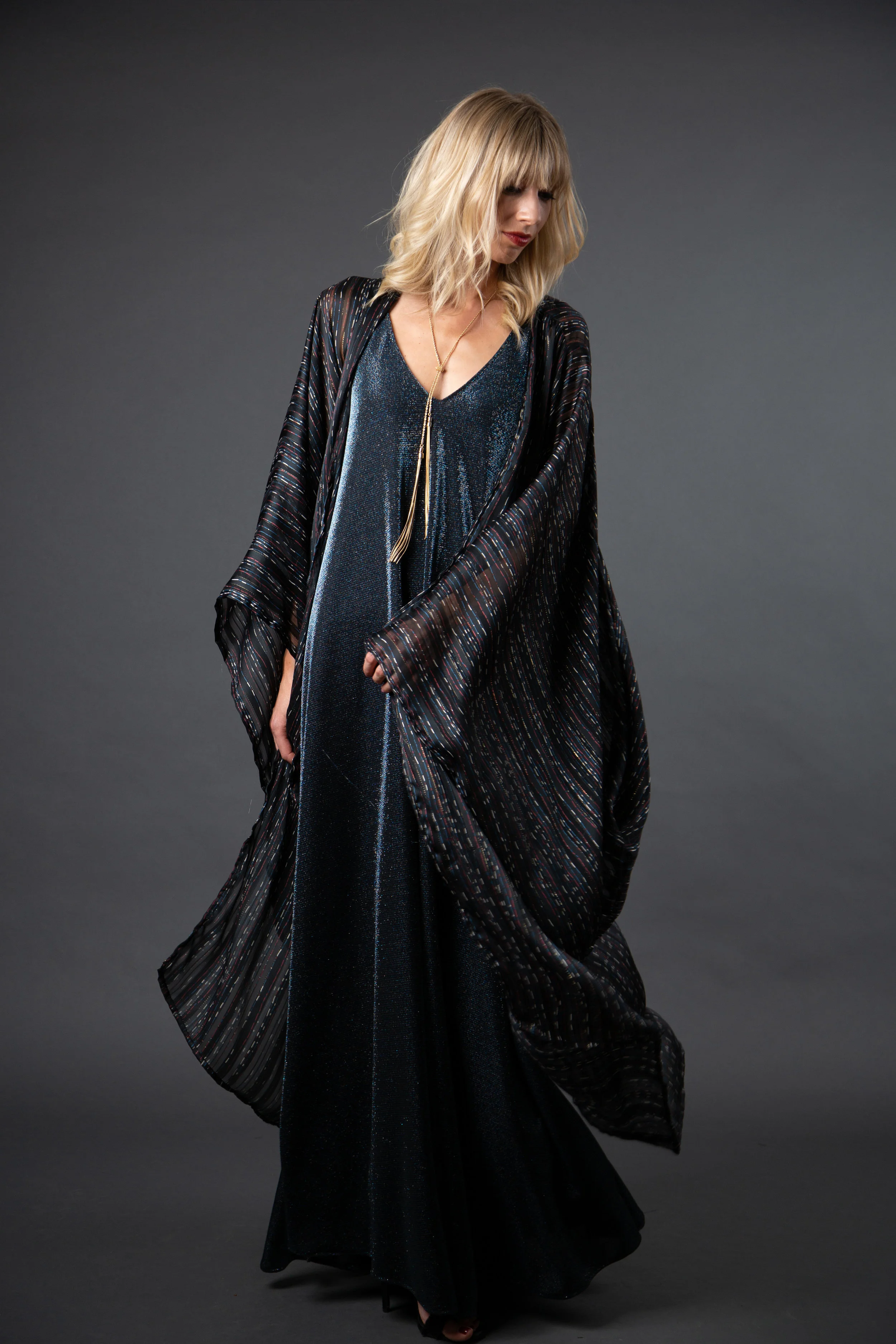 Lunar black navy metallic print kimono wrapdress pockets jennafergrace handmade madeinusa