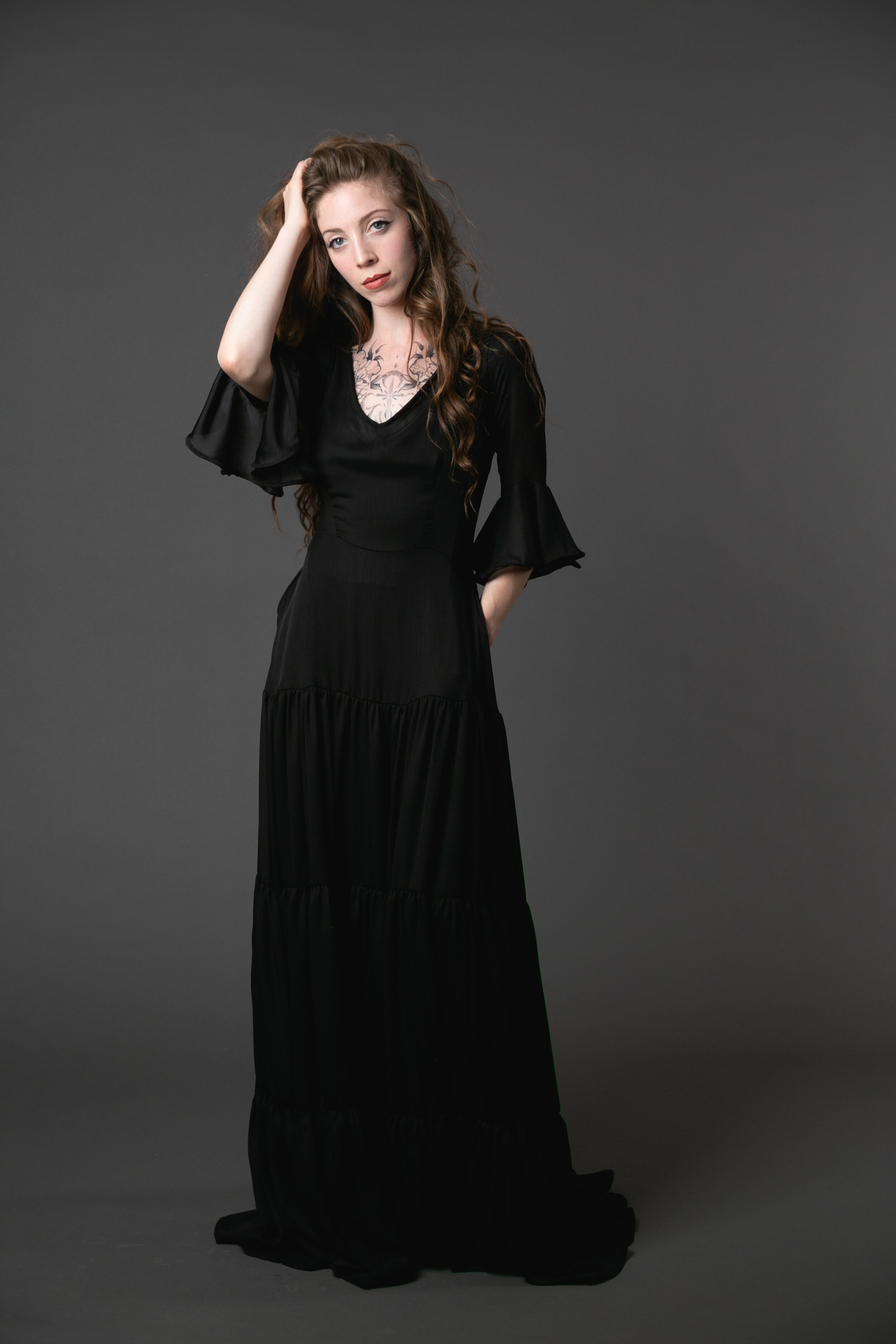 black bell sleeve maxi dress