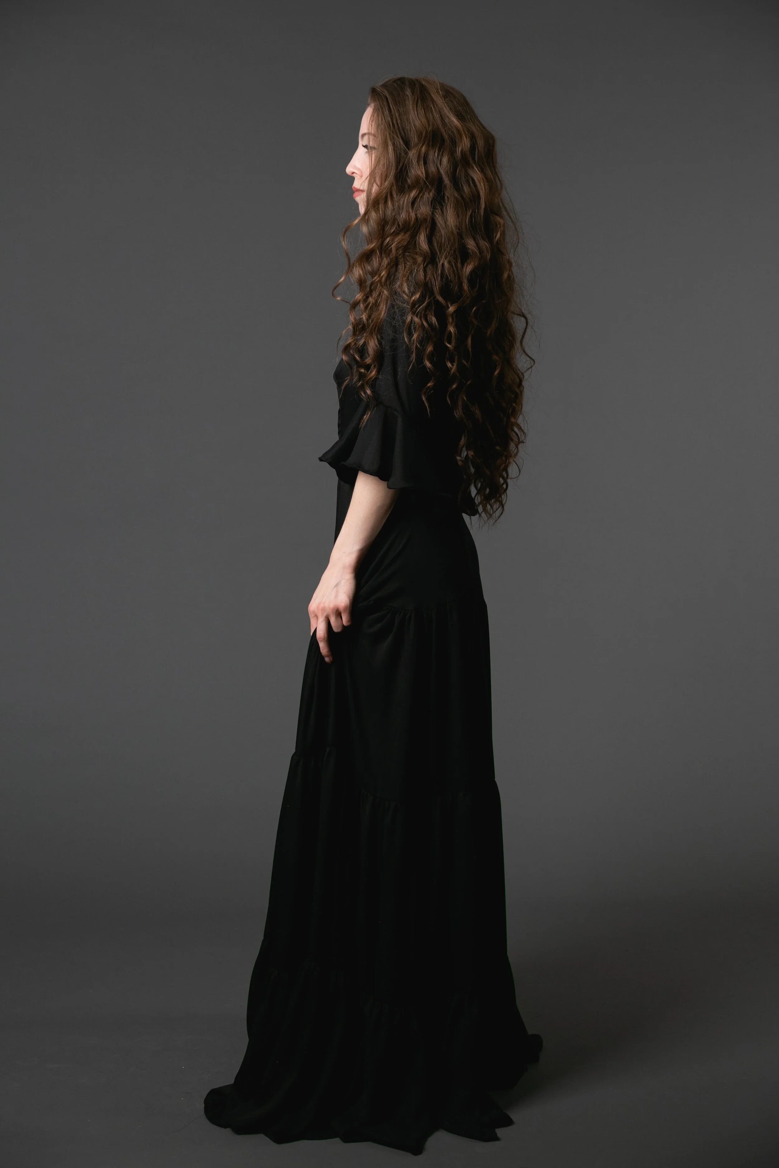 black ruffle bellsleeve tiere maxidress jennafergrace handmade pockets goth
