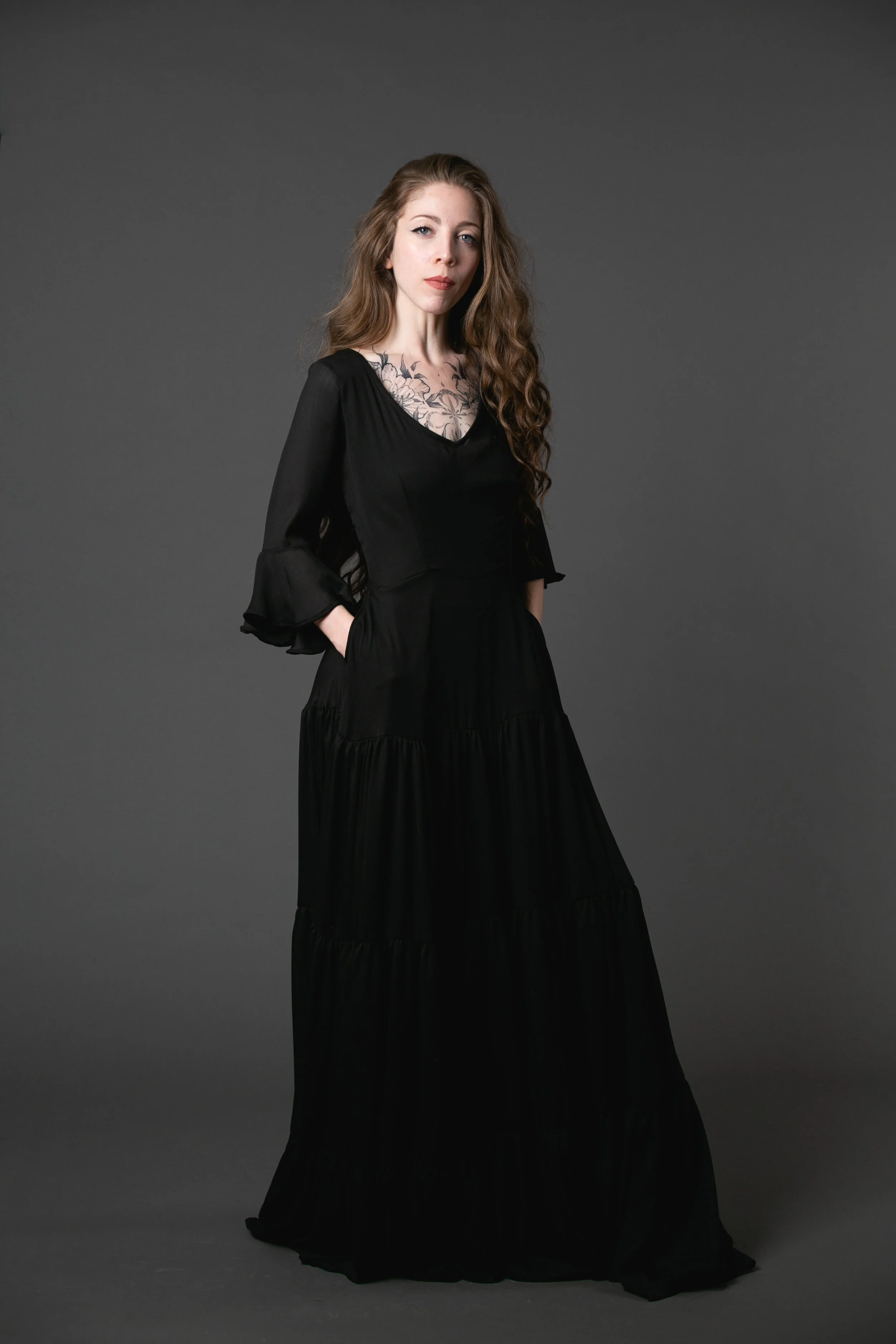 black ruffle bellsleeve tiere maxidress jennafergrace handmade pockets goth