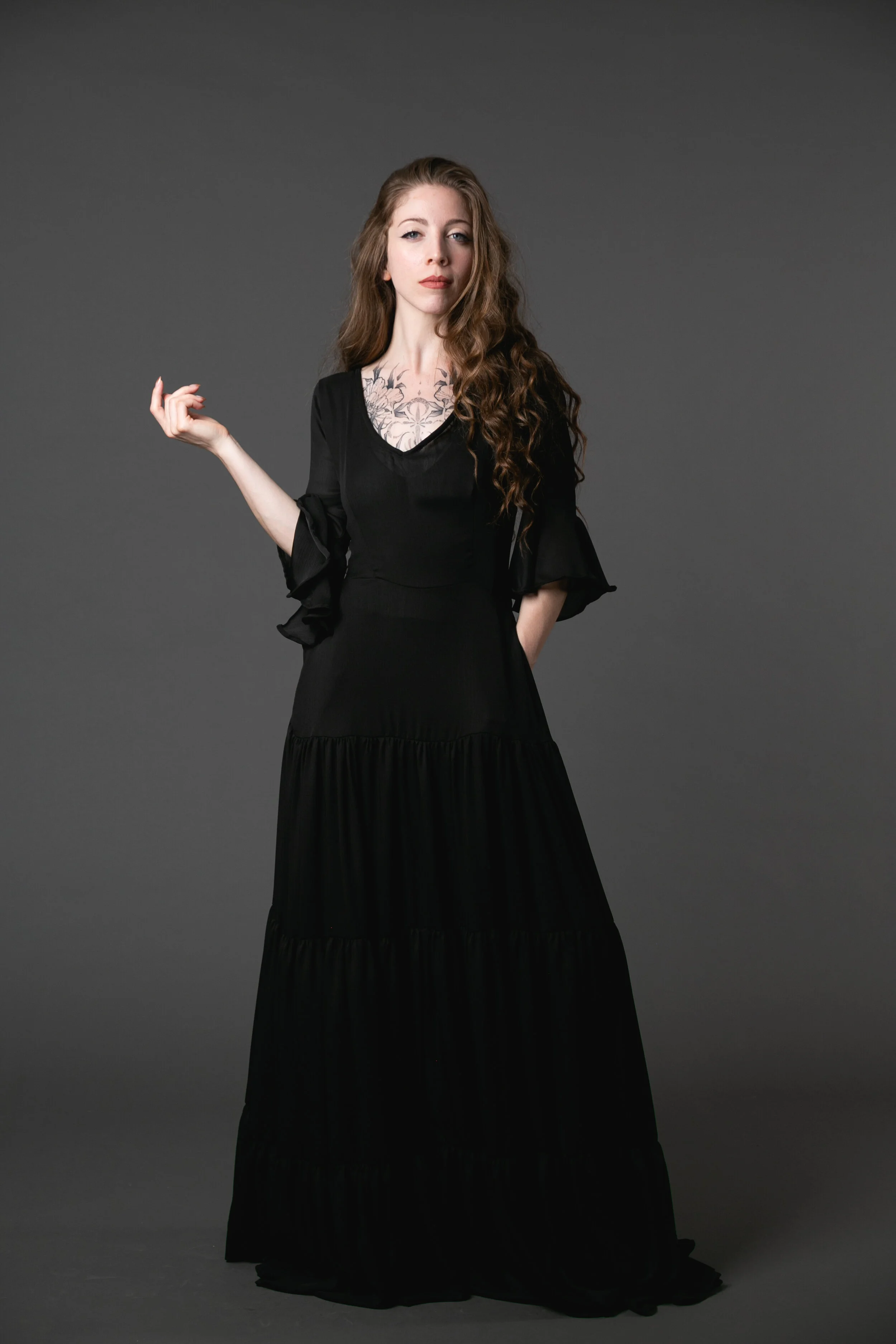 black ruffle bellsleeve tiere maxidress jennafergrace handmade pockets goth