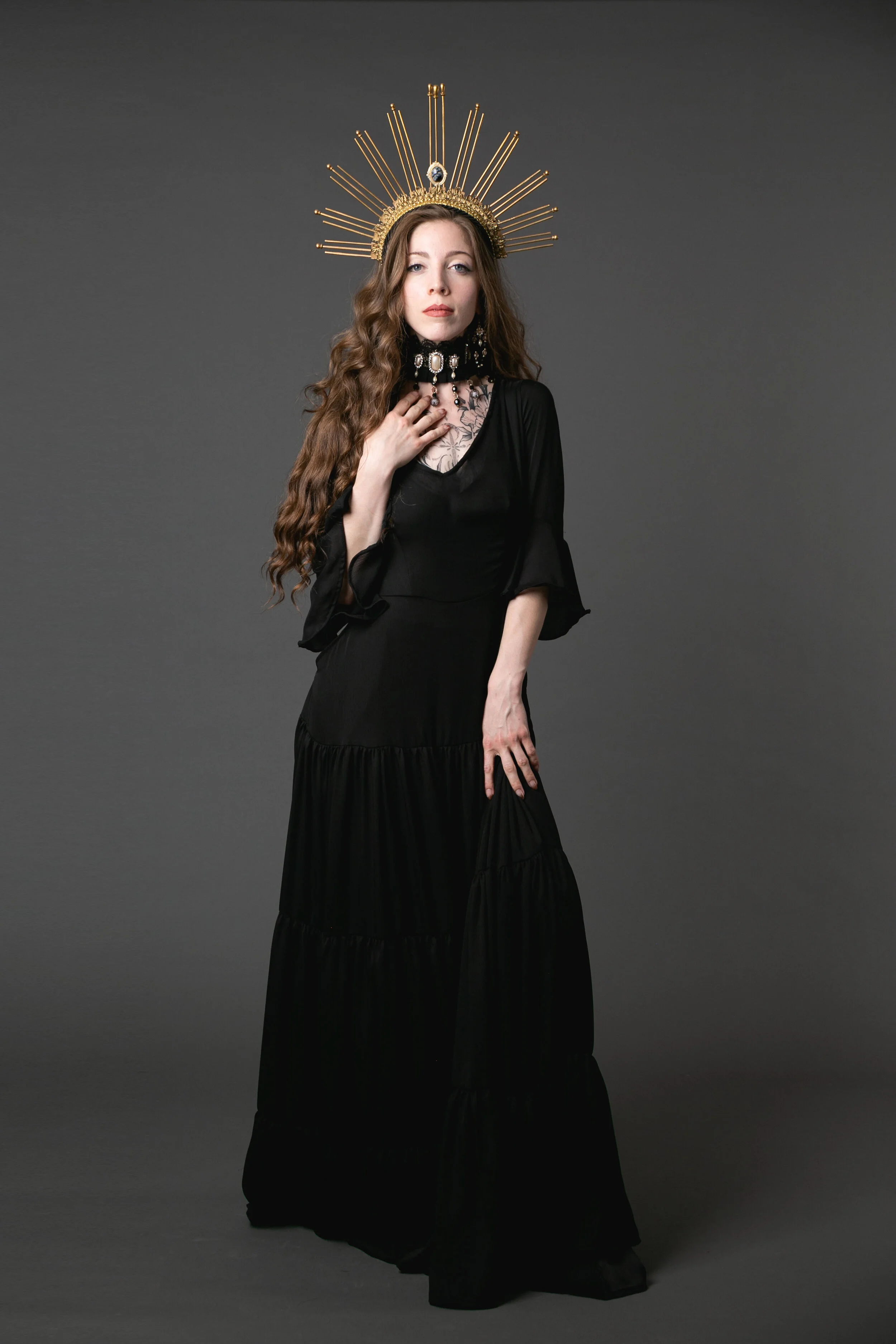 black ruffle bellsleeve tiere maxidress jennafergrace handmade pockets goth