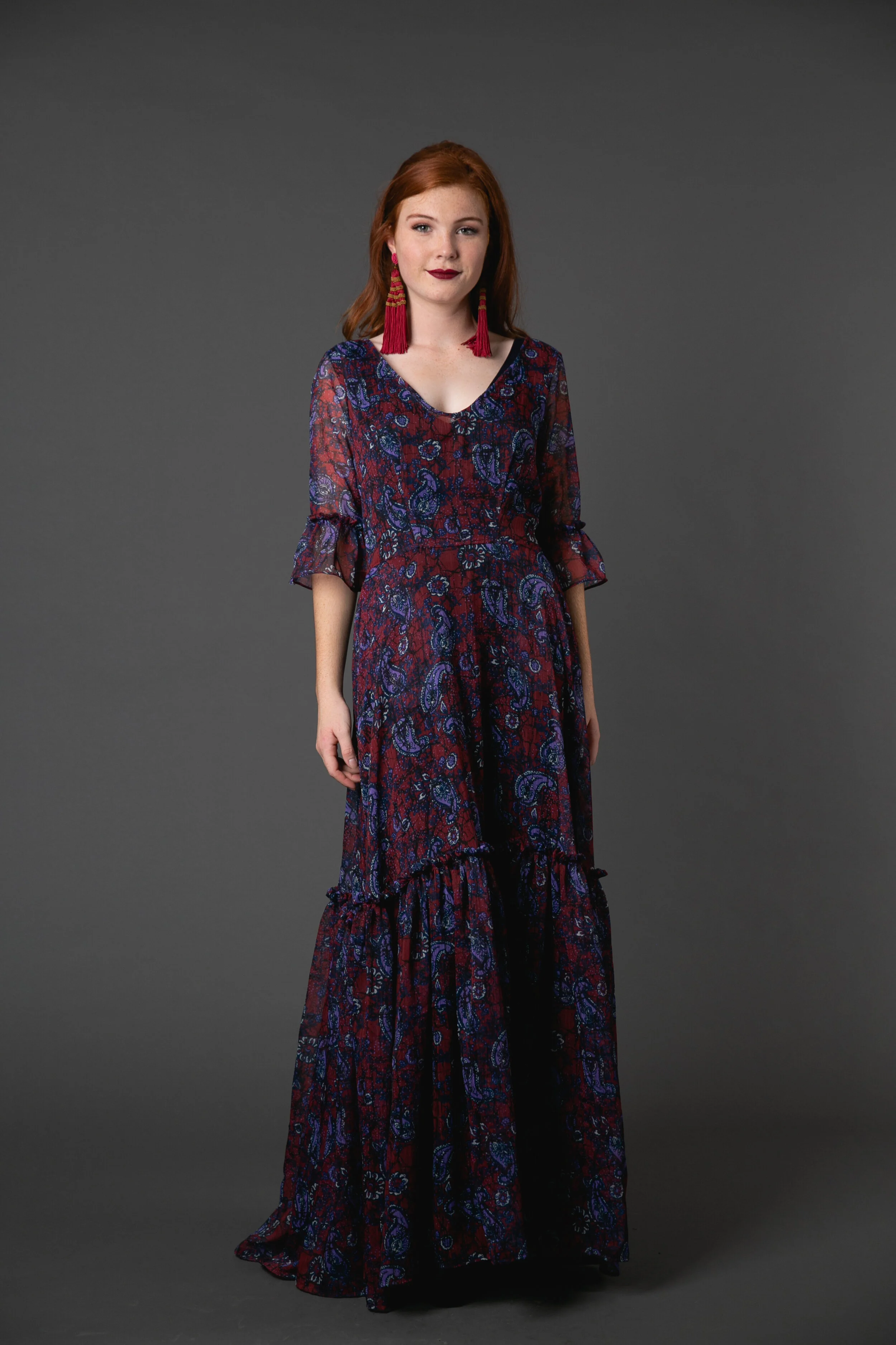 paisley park navy oxblood red purple maxidress ruffle bellsleeve pockets jennafergrace handmade bohemian boho