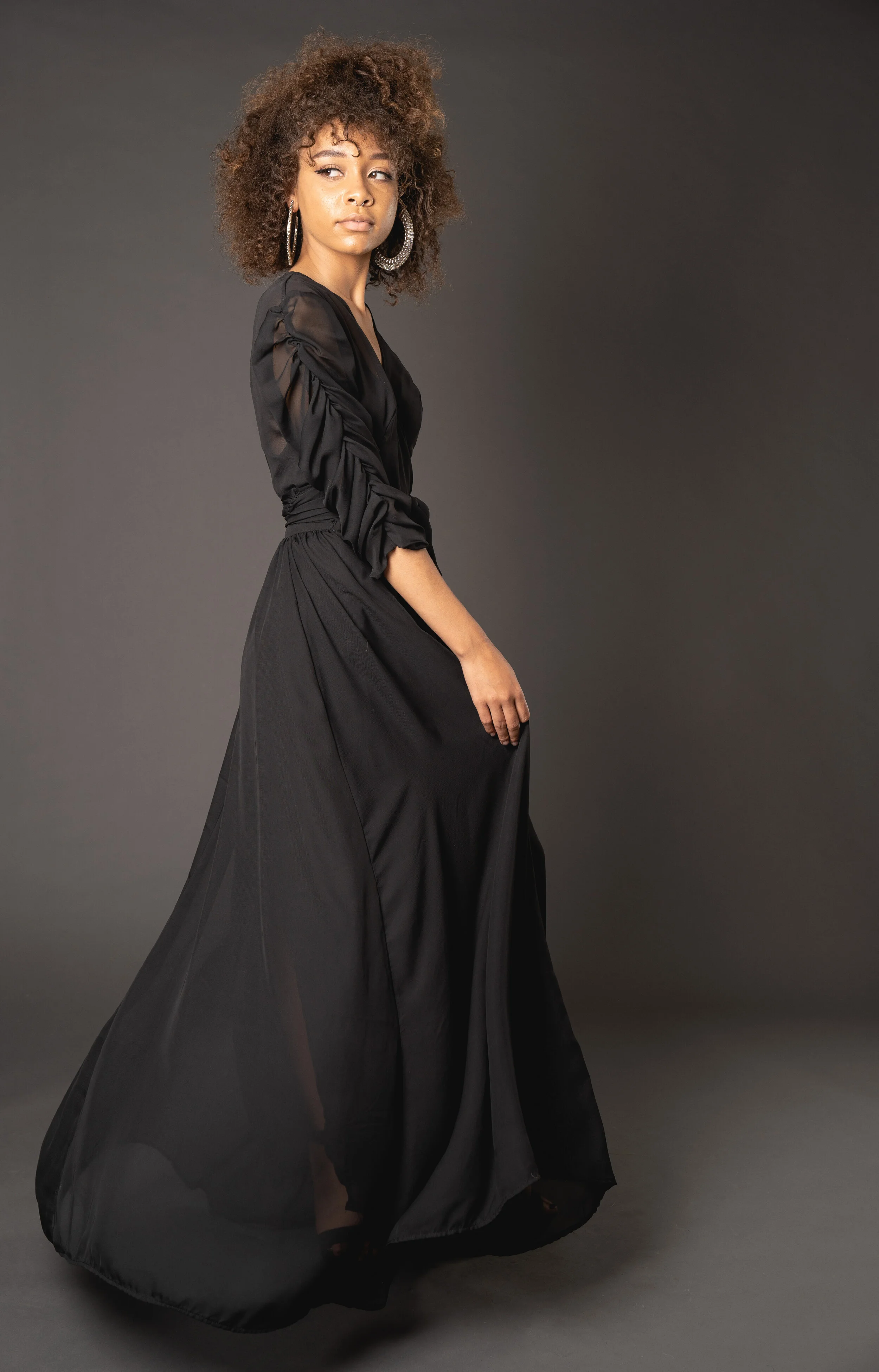 Aline Black Wrap Dress with Rouche Sleeve — Jennafer Grace
