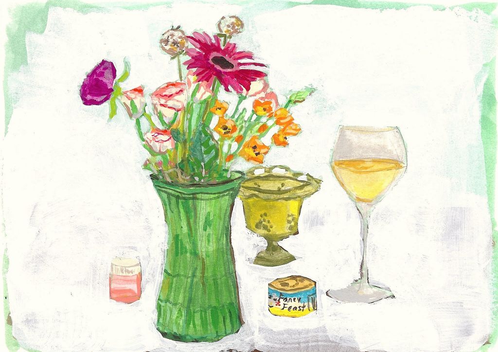 Arrangement with Fancy Feast, Wine / 2011 / Gouache on Paper / 5 x 7 in