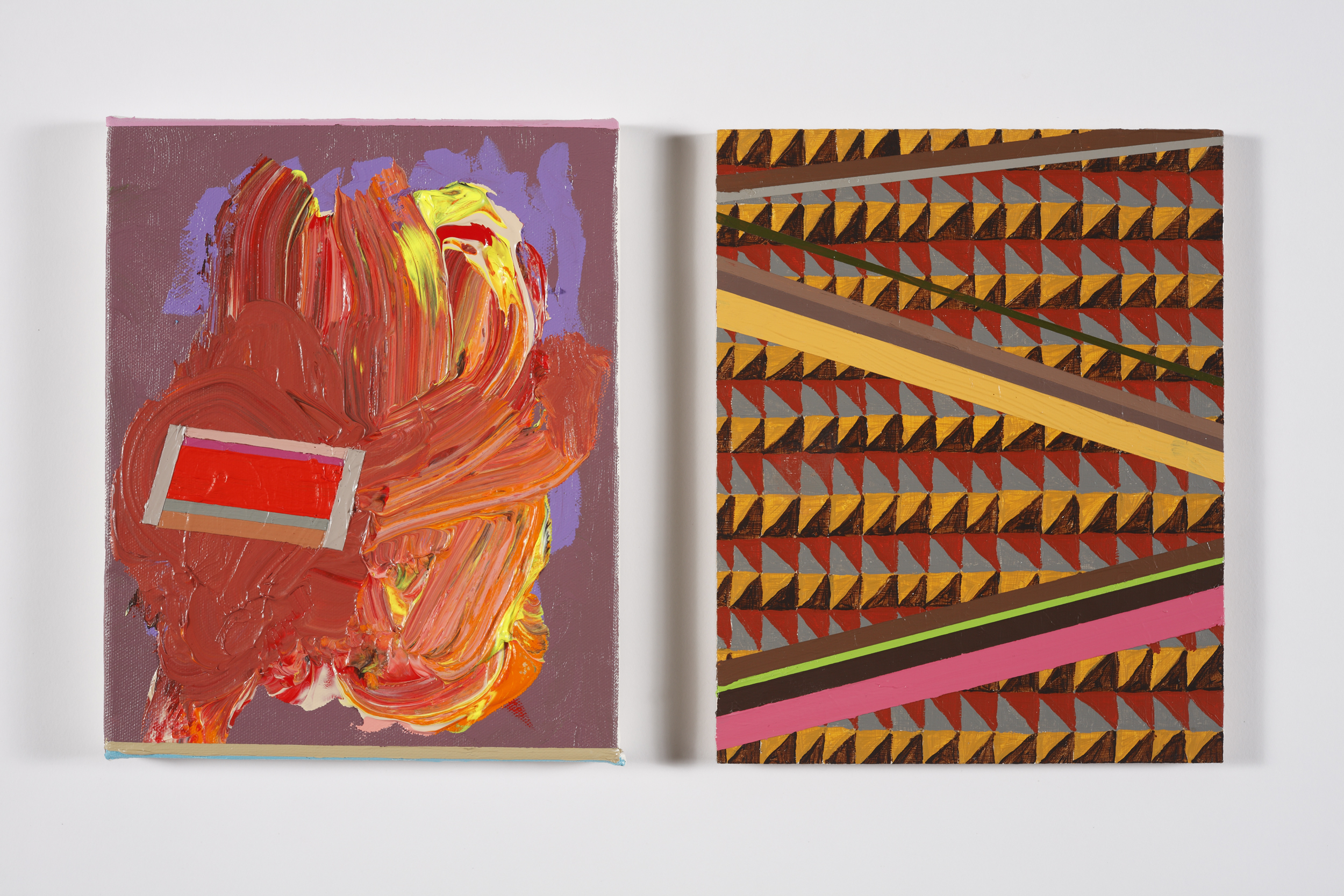 Pairing: Frustrated Poets / Flare / Both 2013 / Acrylic on Canvas and Panel / Both 9 x 12 / Left image Collection of Lisa Young