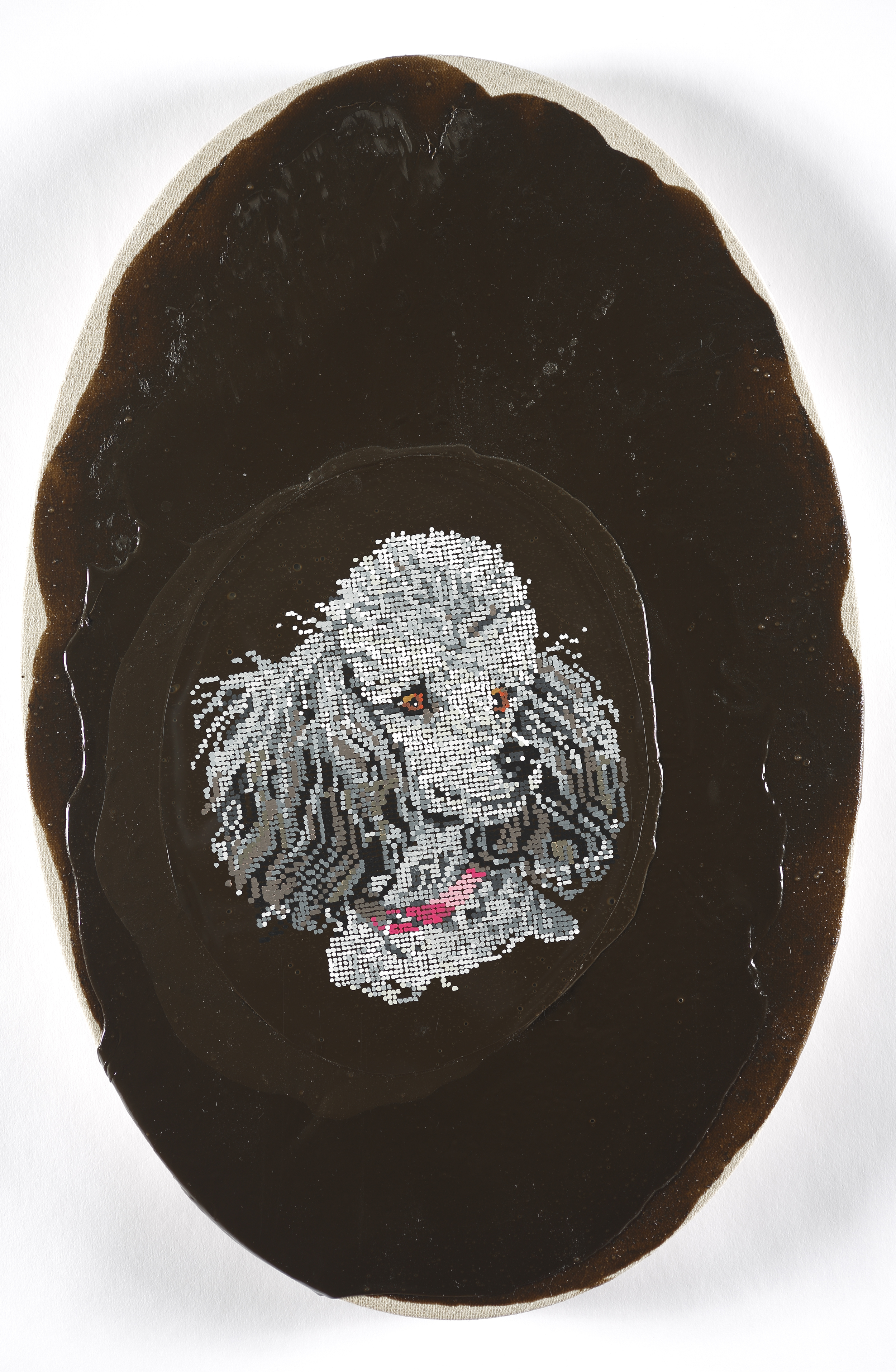 Poodle Drama / 2015 / Acrylic and Gouache on Linen / 16 inch tall oval / Private Collection