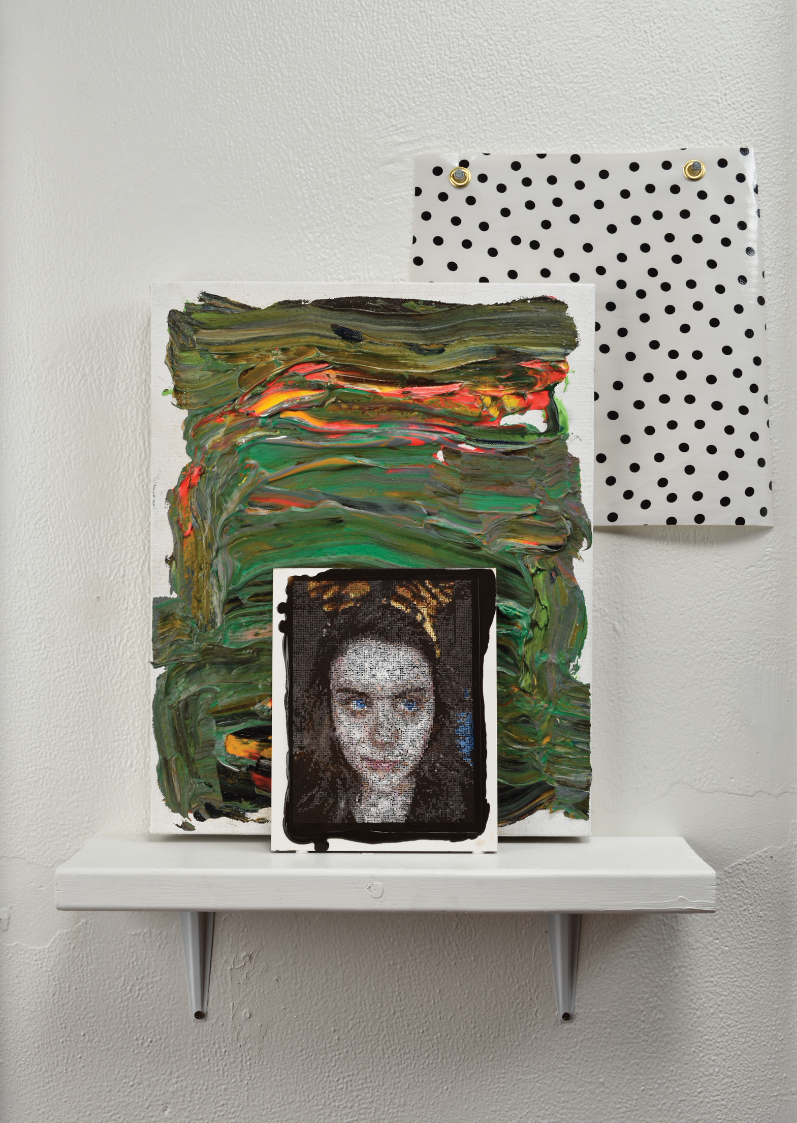 Selfie with Cat Ears, 2015, Gouache and Acrylic on Panel and Linen with Shelf, Oilcloth and Upholstery Tacks, Installed at Bunker Projects, Pittsburgh, PA, photograph by Ric Evans