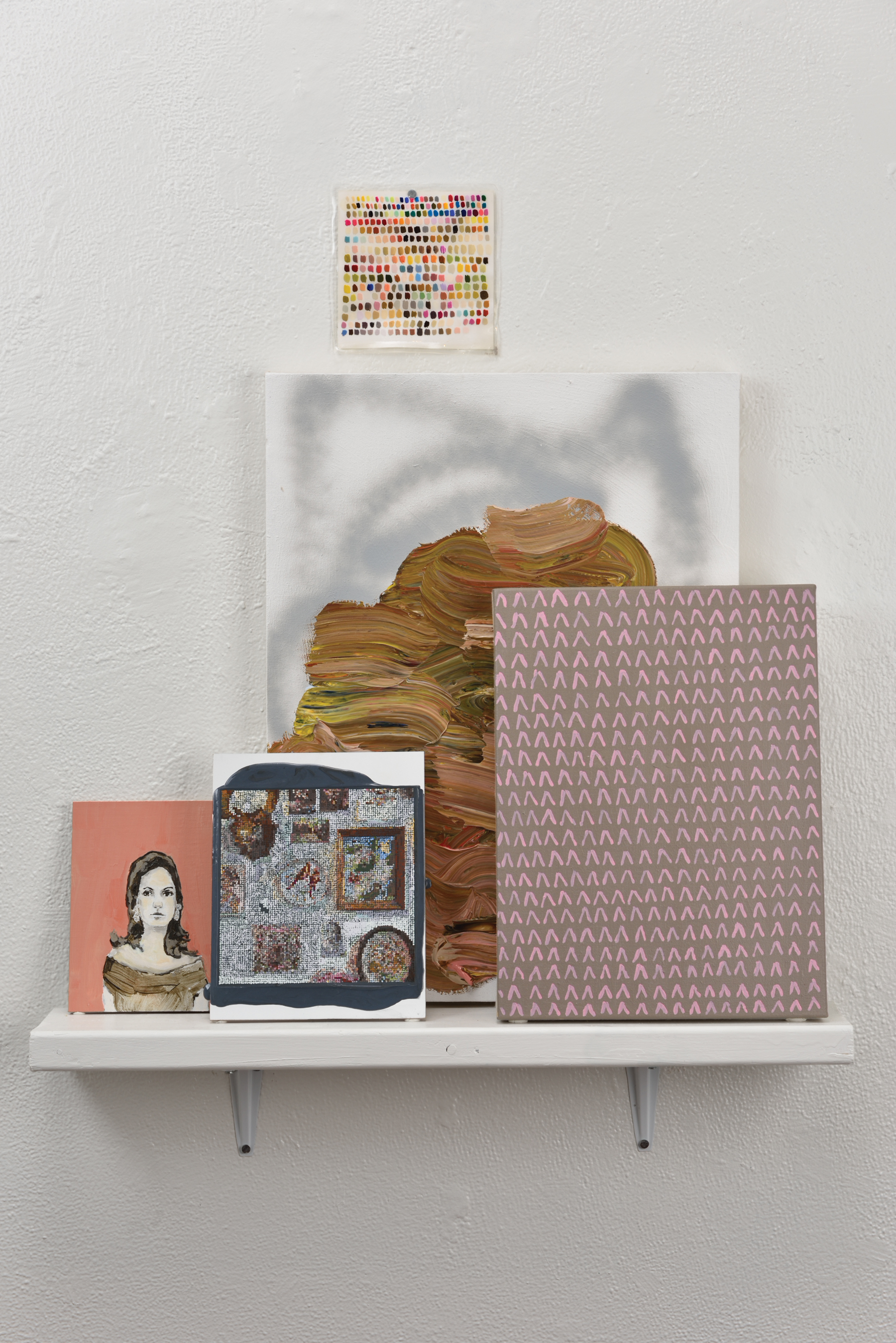 With Embroidered Salon, 2015, Gouache, Acrylic and Oil on Panel, Linen, Paper and Canvas on Shelf