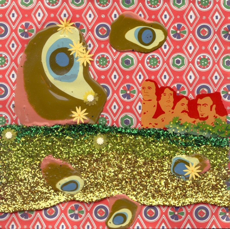 Rushmore, 2002, Stickers, Glitter, and Acrylic on Kraft Paper, 6 x 6 in
