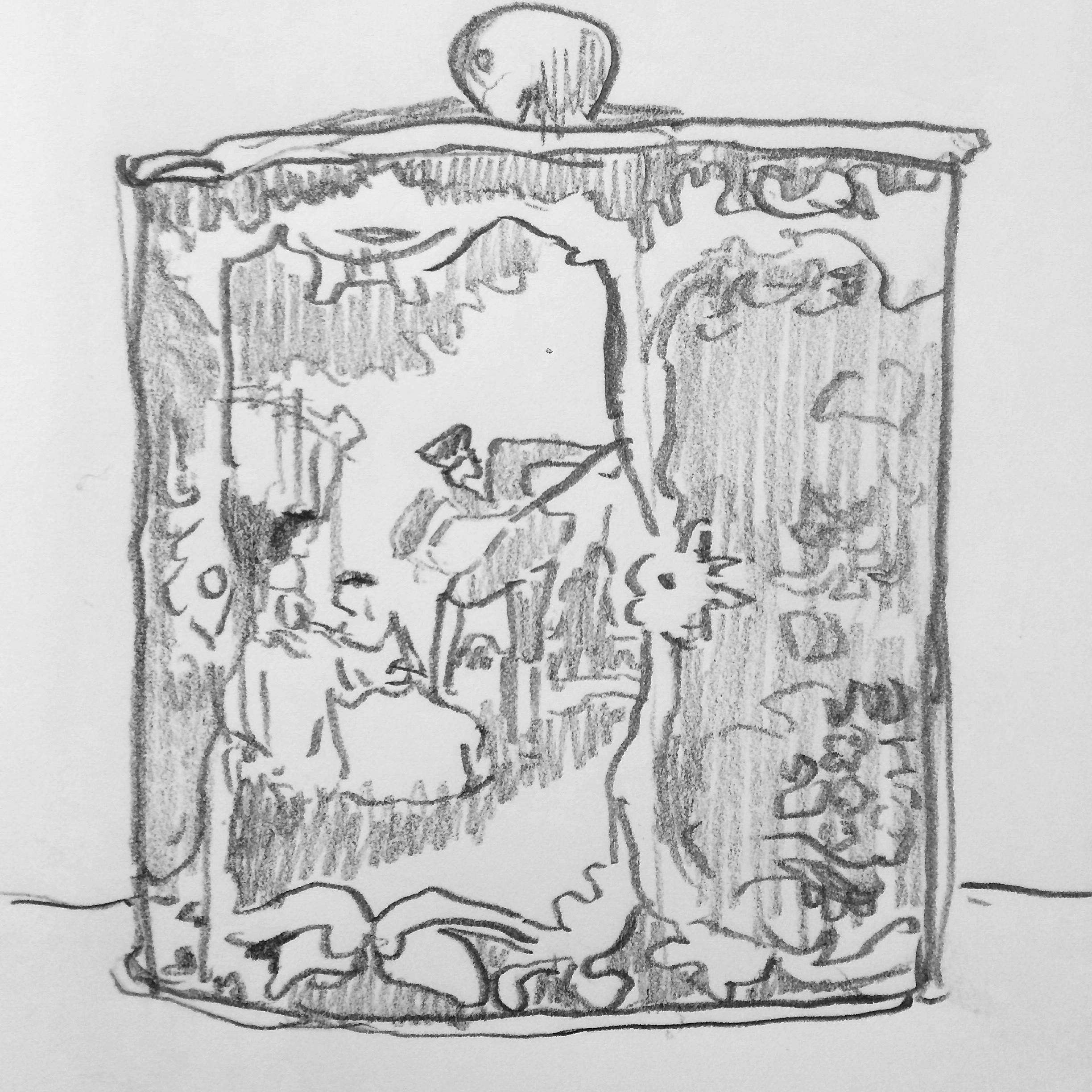 Decorative Tin with Music Scene / 2016 / Pencil on Paper / 5 x 7in