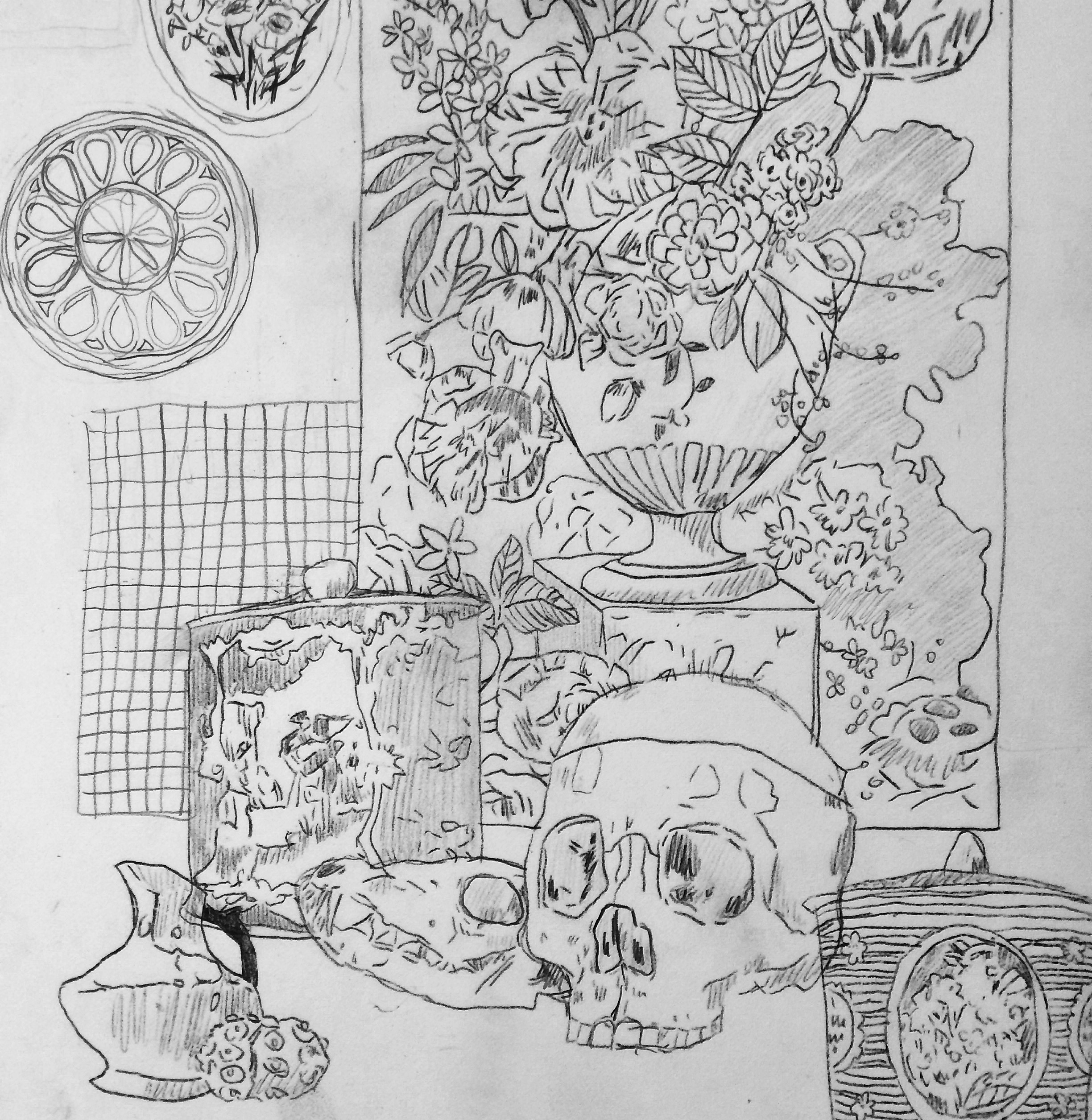 Underdrawing for Interior with Skull and Decorative Tins / 2016 / Pencil on Paper / 9 x 12in