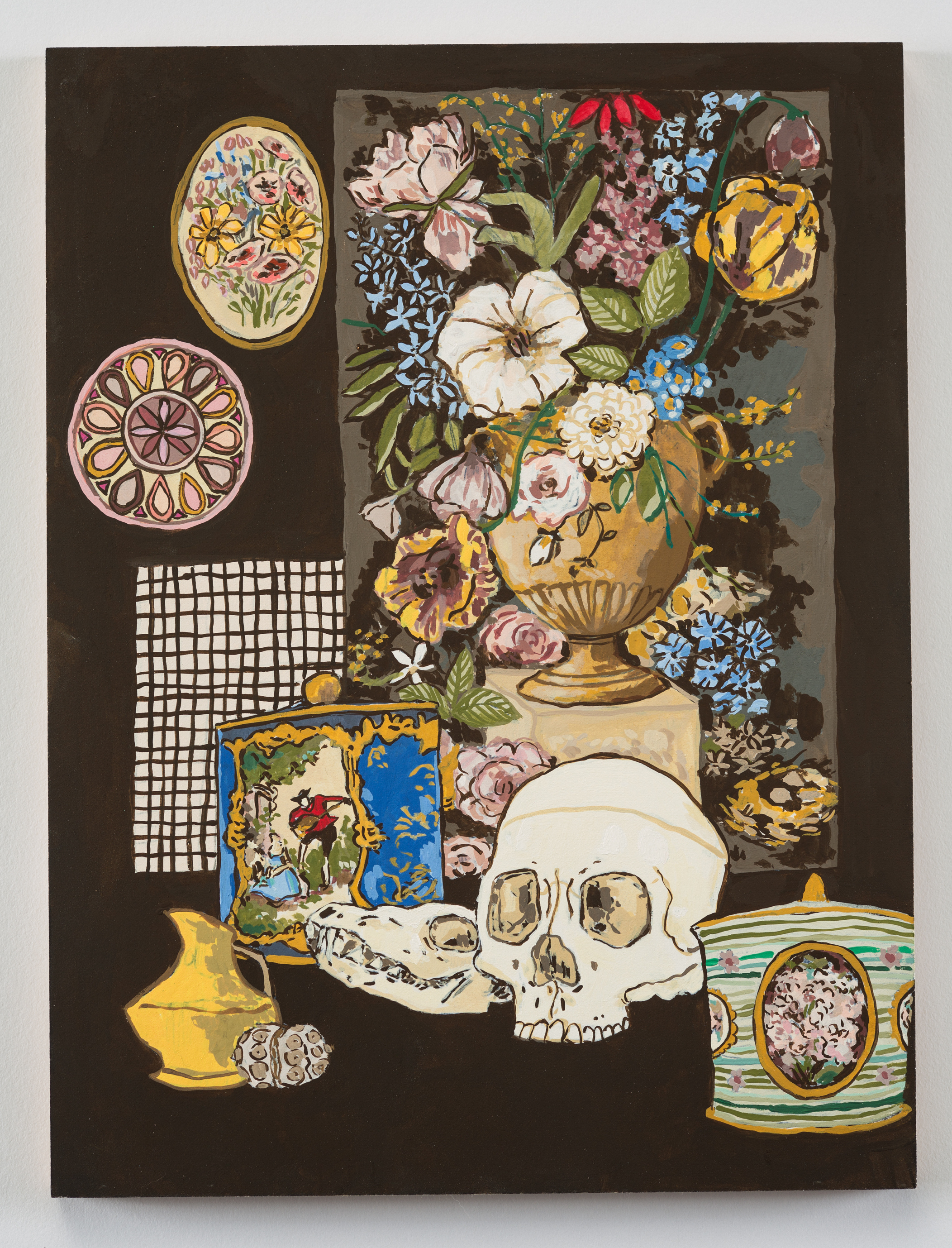 Still Life with Tins and Skulls / 2016 / Gouache on Paper on Board / 9 x 12in / Private Collection