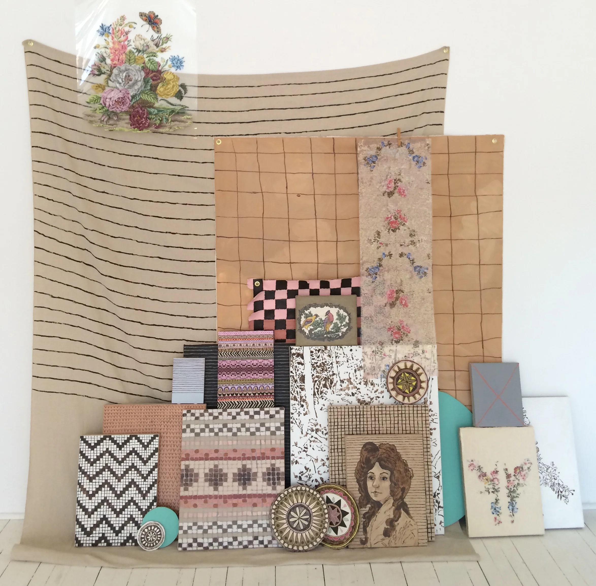 Hexes and Sweaters / 2016 / Gouache and Acrylic on Duralar, Dropcloth, Canvas, Panel and Linen / Dimensions Variable