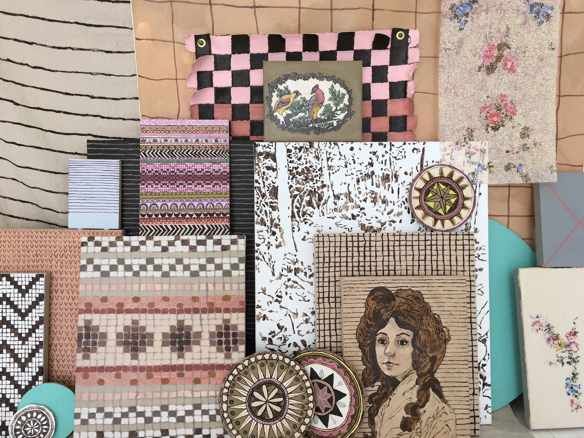 Detail of Hexes and Sweaters / 2016 / Gouache and Acrylic on Canvas, Linen, Duralar, Dropcloth and Panel / Dimensions Variable