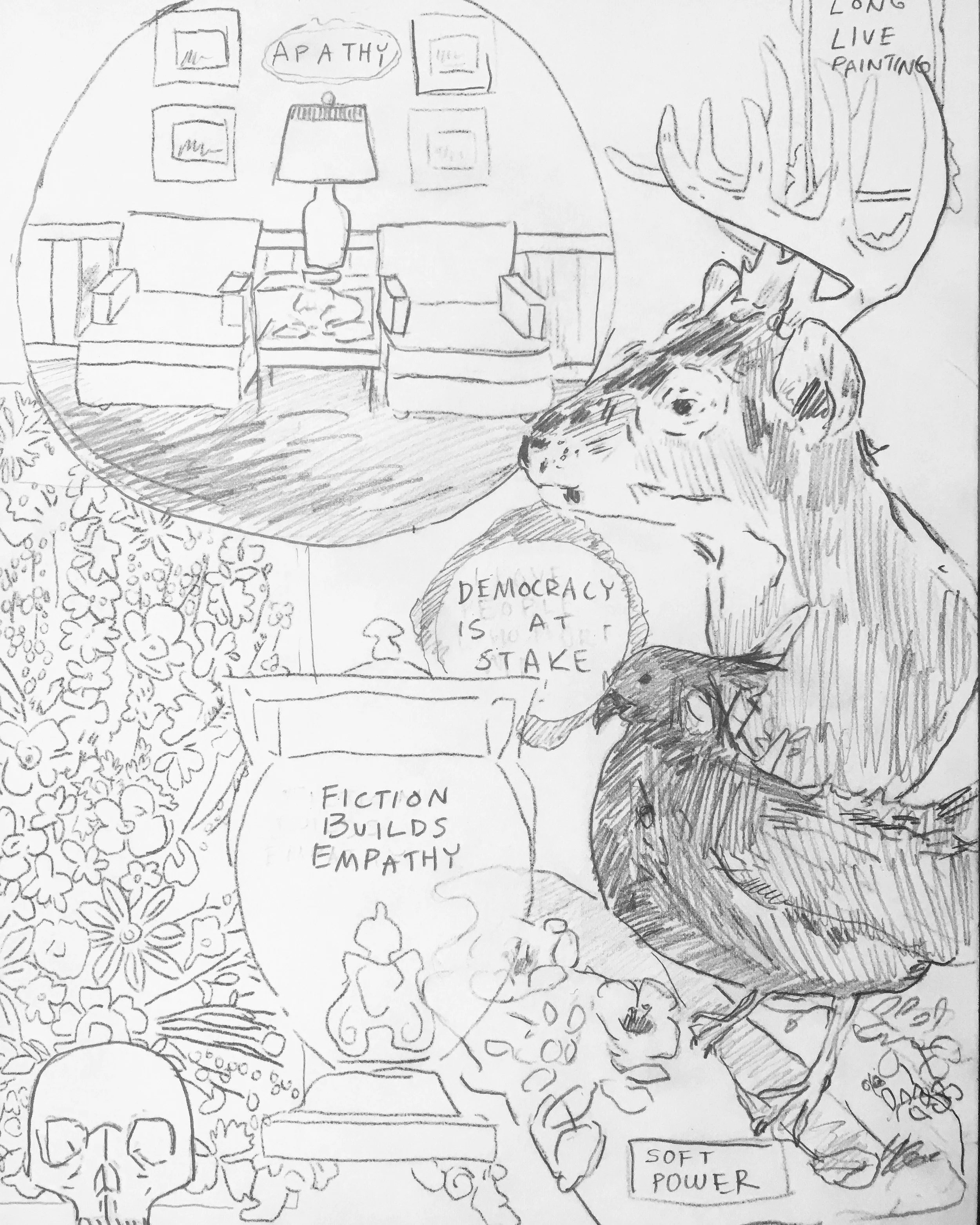 Interior Decorating Invective / 2017 / Pencil on Paper on Board Underdrawing / 8 x 10 in