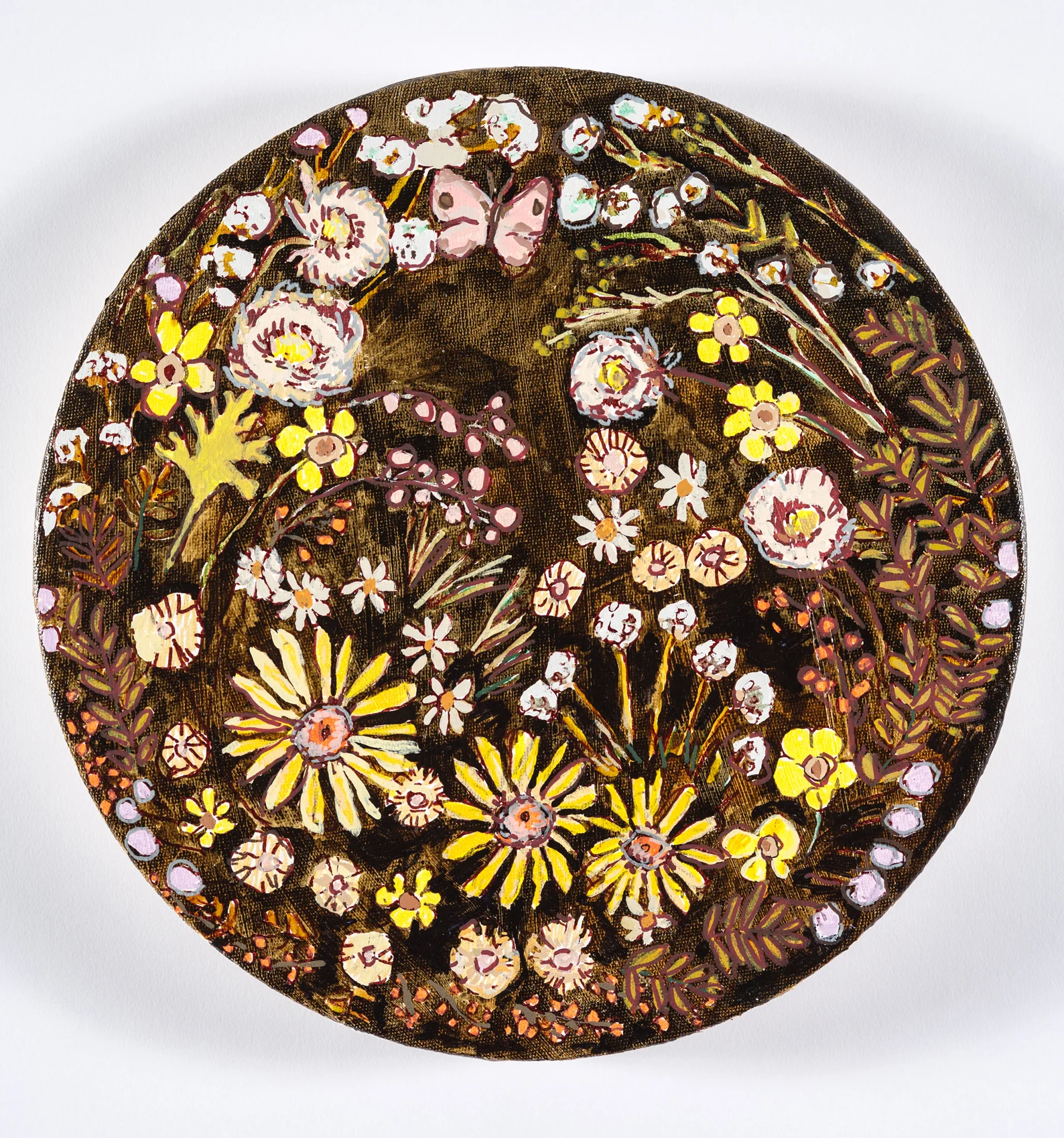 Floral Tondo / 2017 / Gouache, Marker and Acrylic on Canvas / 12 in diameter