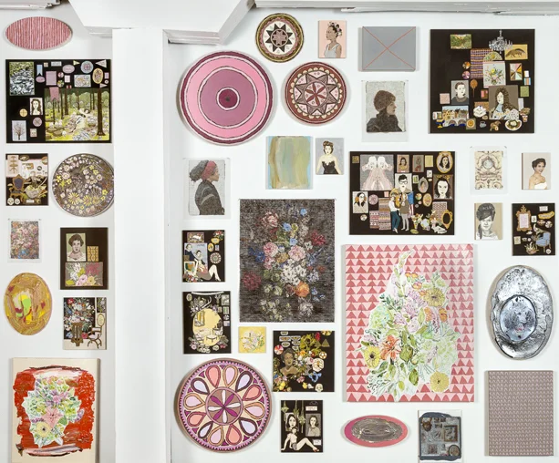 Salon / Picture Logic / Arrangement (Wassaic, NY) / 2017 / Acrylic, Gouache, Marker on Paper on Panel, Duralar, Linen, and Canvas / Dimensions Variable / Photograph by Walker Esber