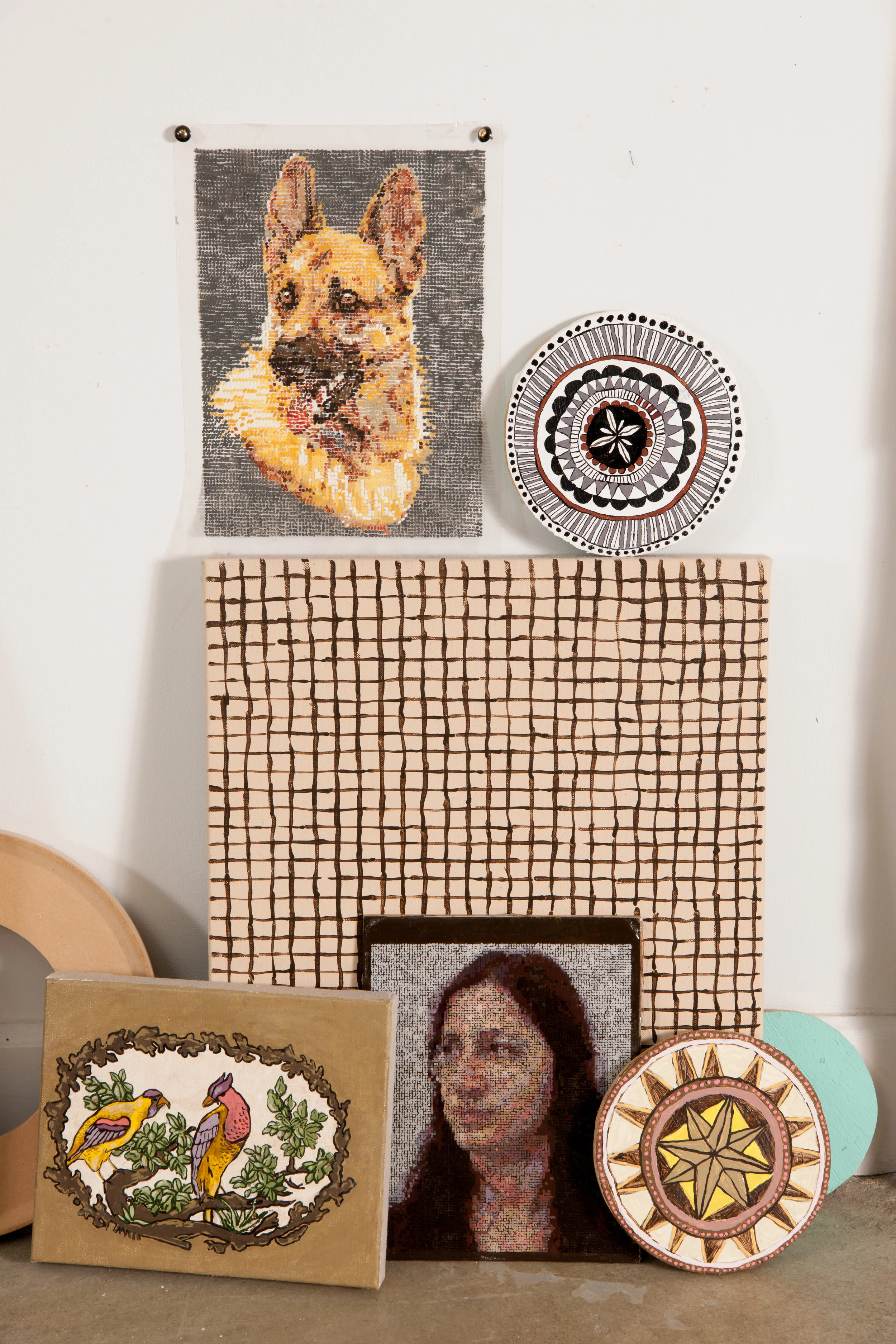 Wallflowers Detail Right Corner / 2017 / Acrylic and Gouache on Linen, Canvas, Panel and Duralar / detail of larger installation dimensions variable / photo by Richard Walker