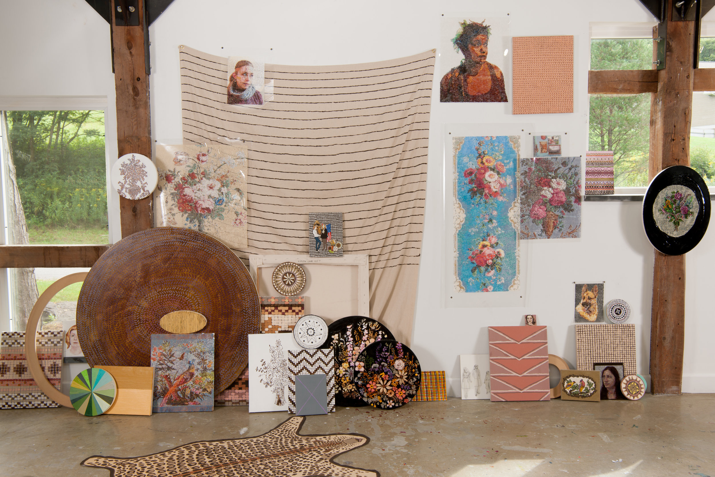 Wallflowers, 2017, Acrylic and Gouache on Panel, Canvas, Linen, Duralar and Dropcloth with Upholstery Tacks and Grommets, Dimensions Variable, Installed at the Golden Foundation