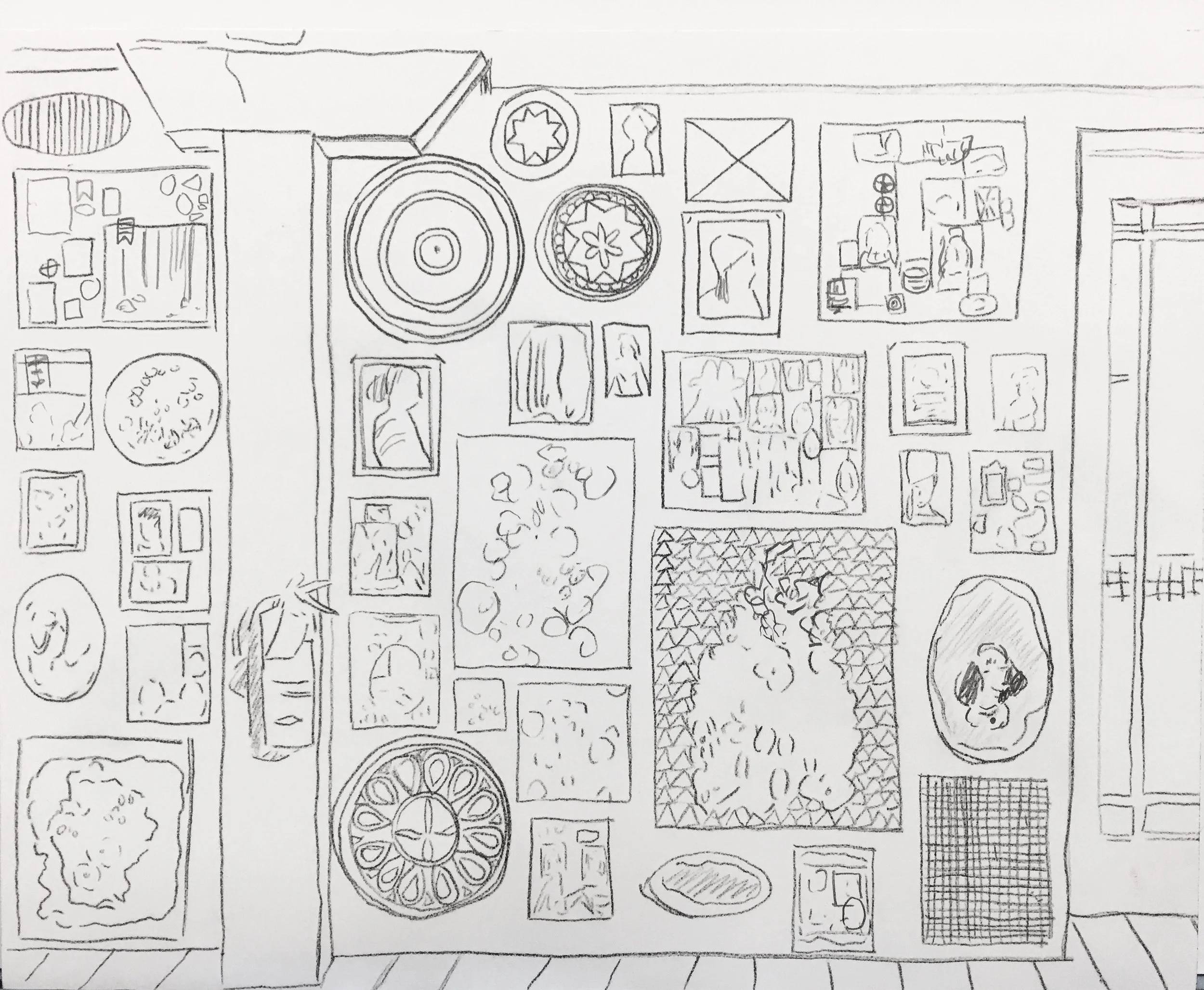 Salon, 2017, drawing in process, 8 x 10 in, pencil on paper on panel